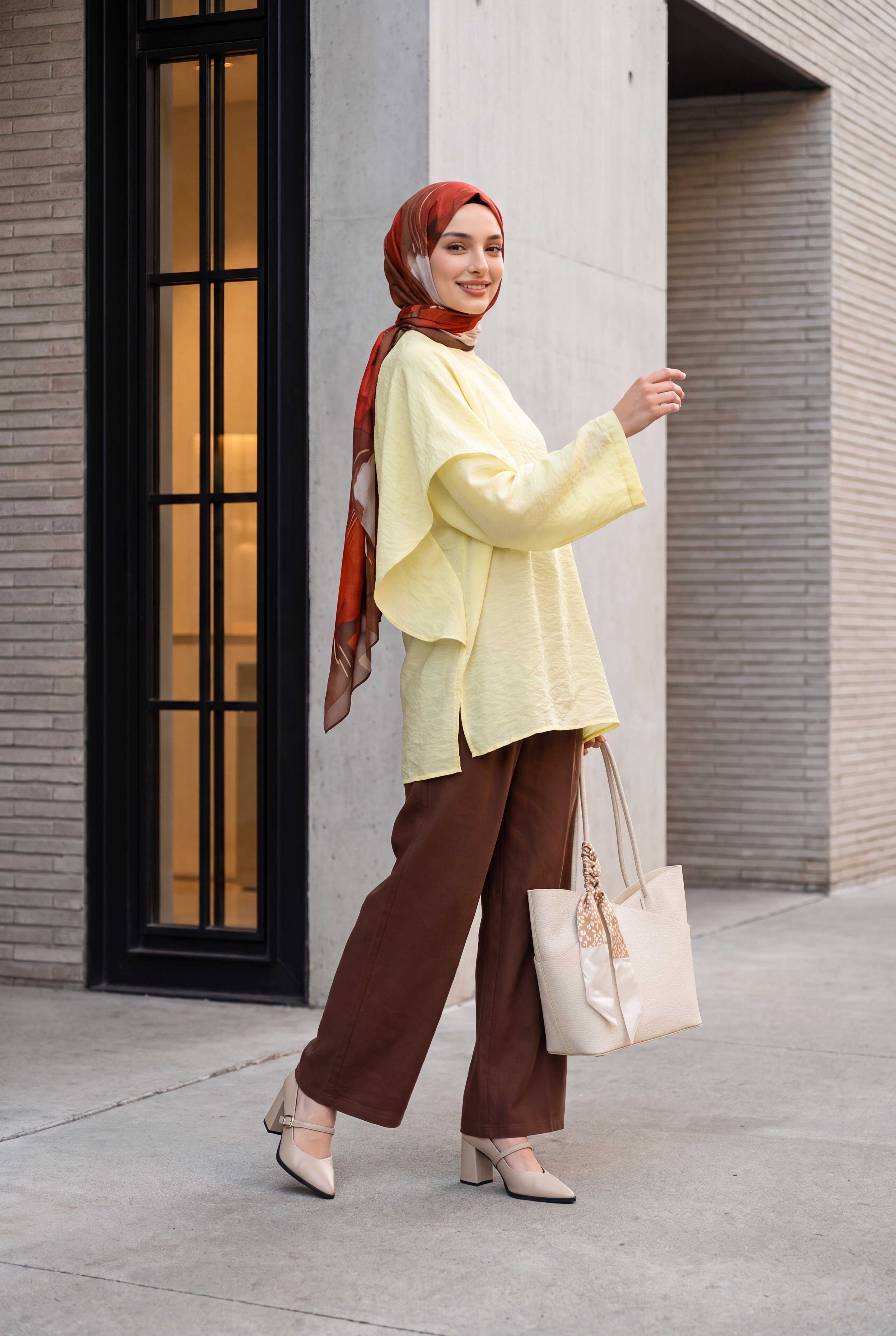 Çıkarılabilir Pelerinli Oversize Modal Tunik  -Sarı
