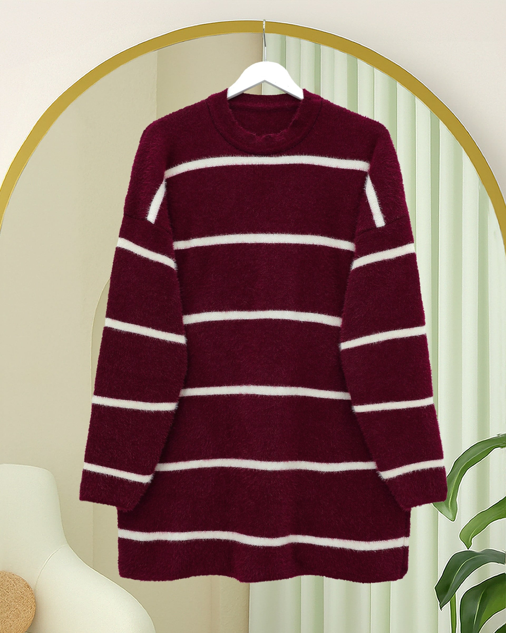 Çizgili Salaş Sakallı Triko Tunik -Bordo