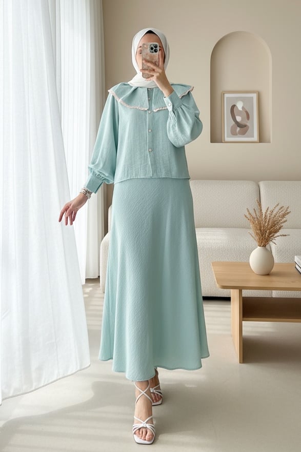 Dantelli Marul Yaka Saf Keten Görünümlü Etekli Takım  -Su Yeşili