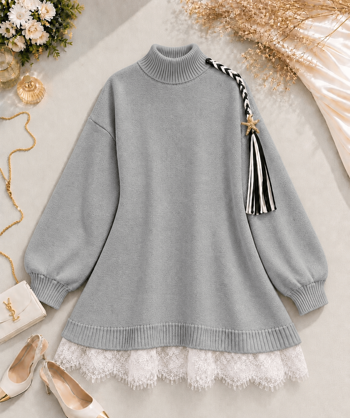 Deniz Yıldızı Püskül Detaylı Dik Yaka Dantelli Trikp Tunik - Gri