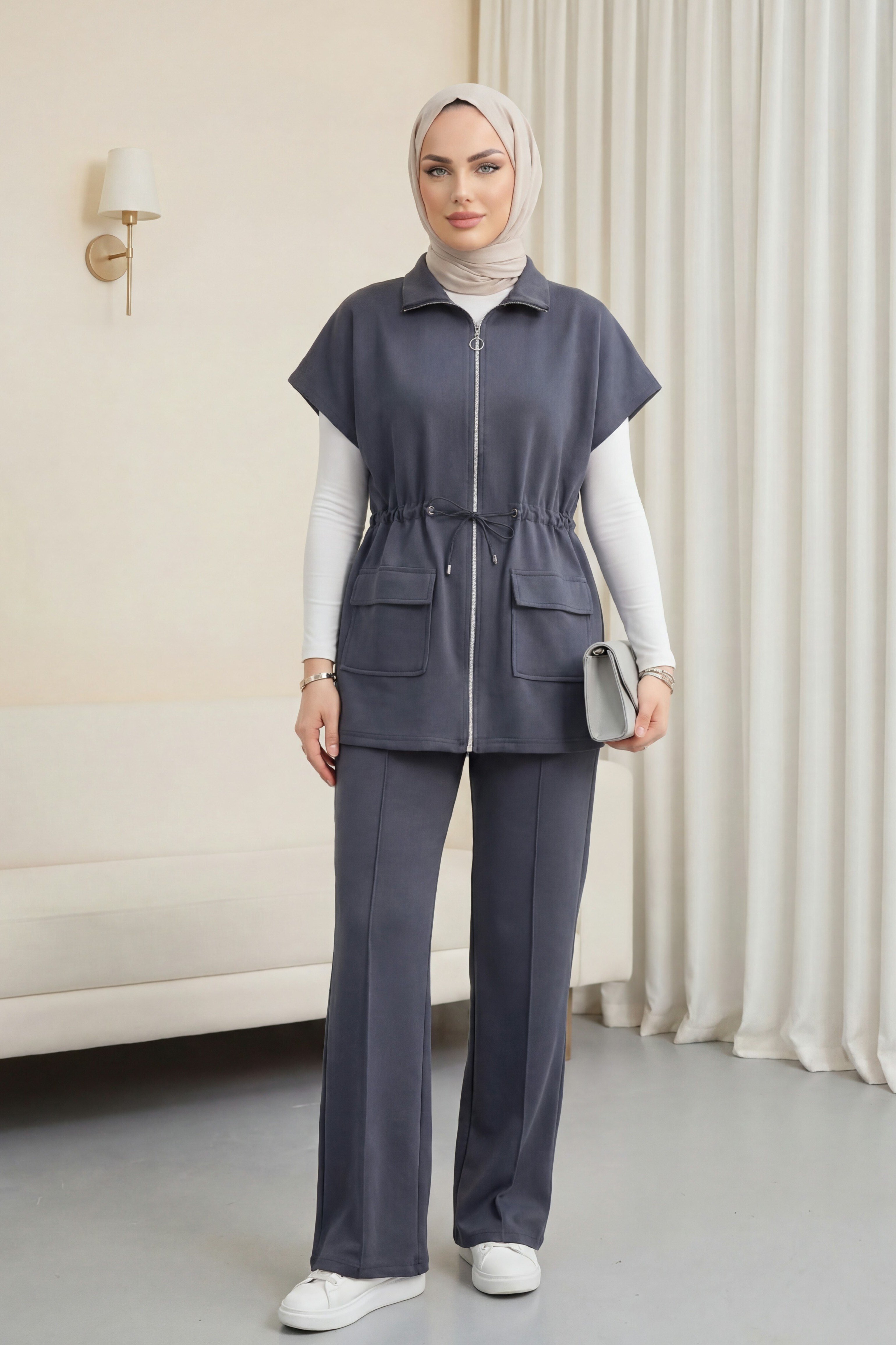 Dik Yaka Fermuarlı Cepli Beli Lastikli Yelek Pantolon Oyşo Takım -Füme