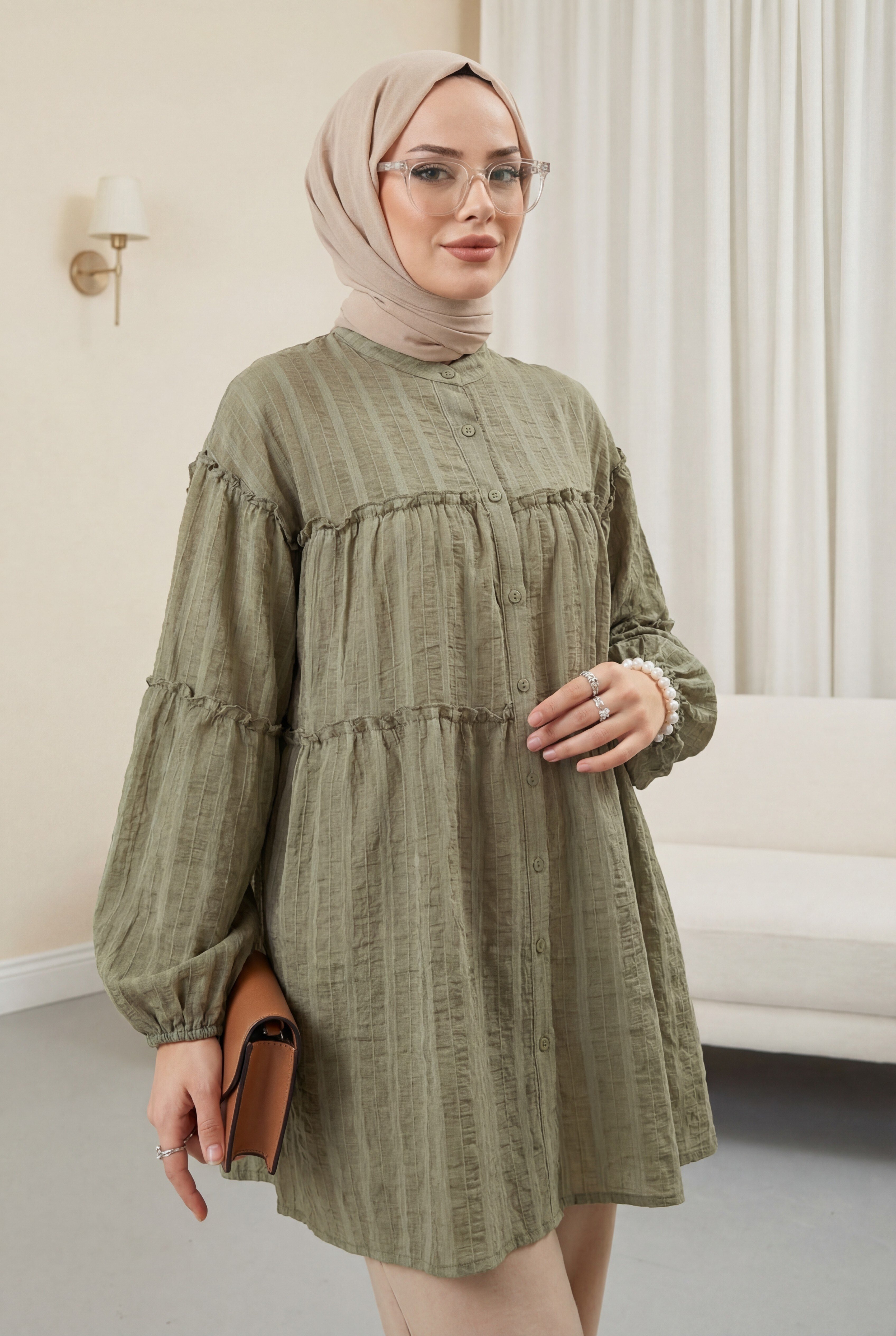 Dik Yaka Sim Çizgili Balon Kol Oversize Gofre Tunik -Haki