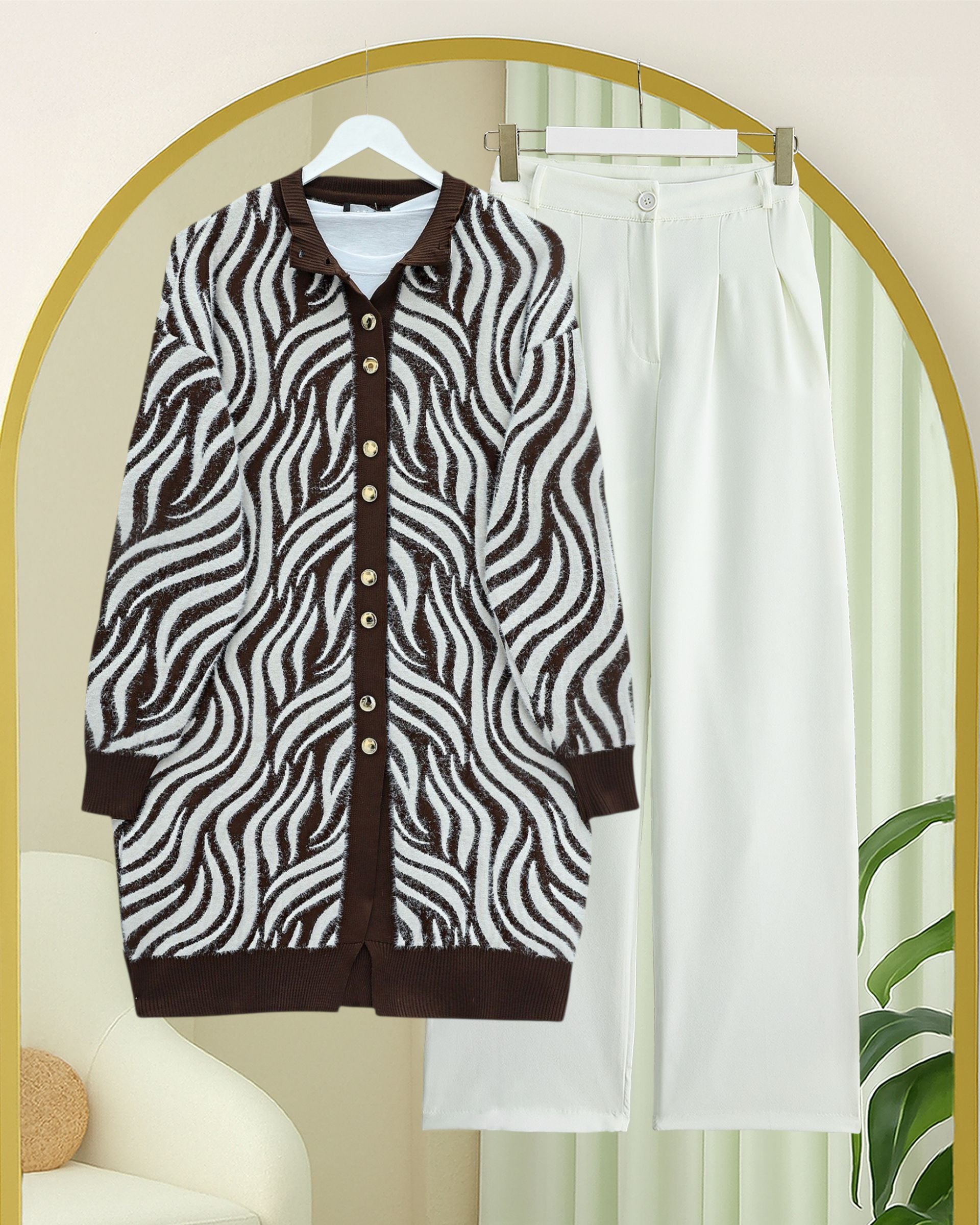 Düğmeli Zebra Desen Sakallı Triko Hırka -Kahve