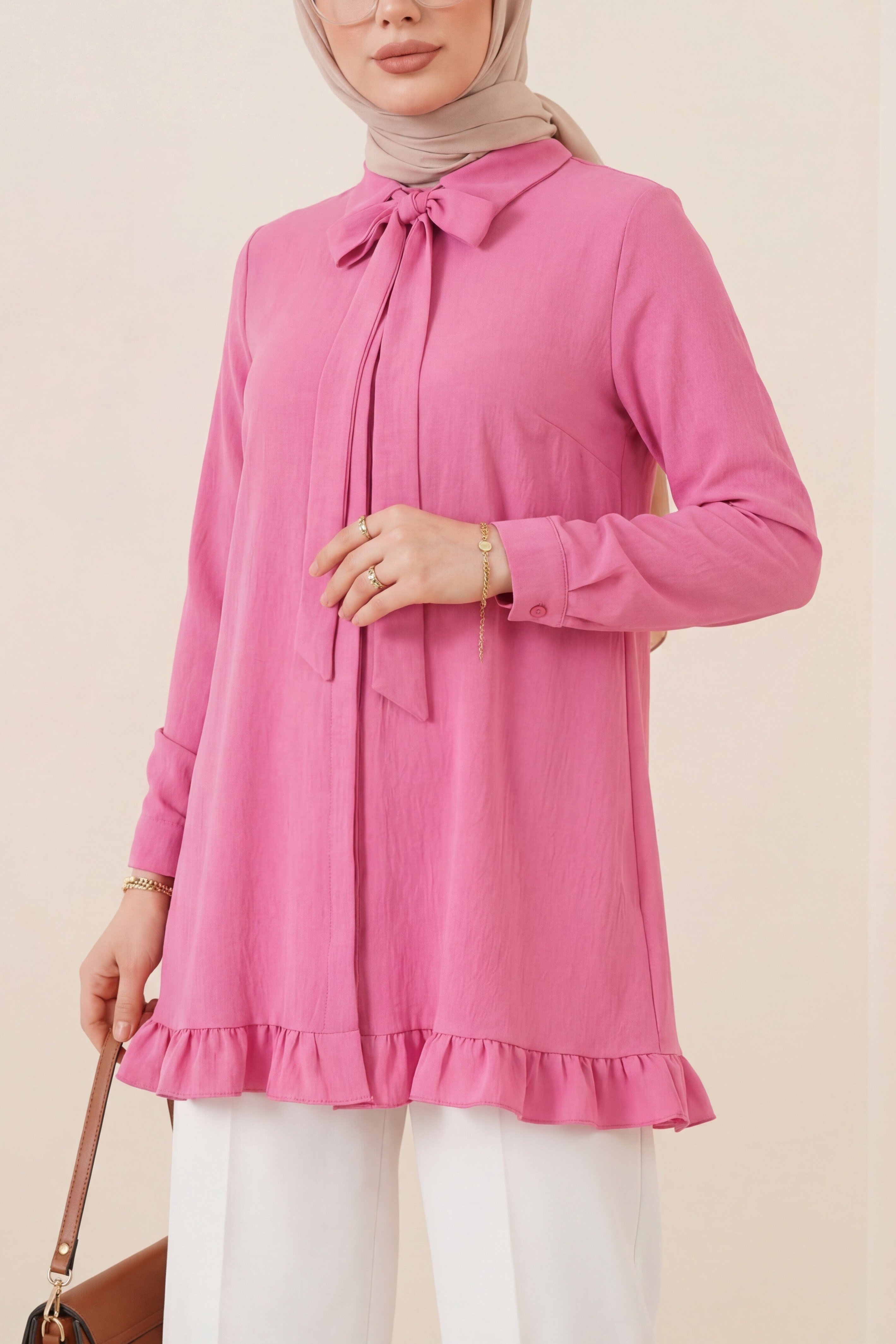 Eteği Fırfırlı Beli Bağcıklı Gizli Düğmeli Modal Tunik -Pembe