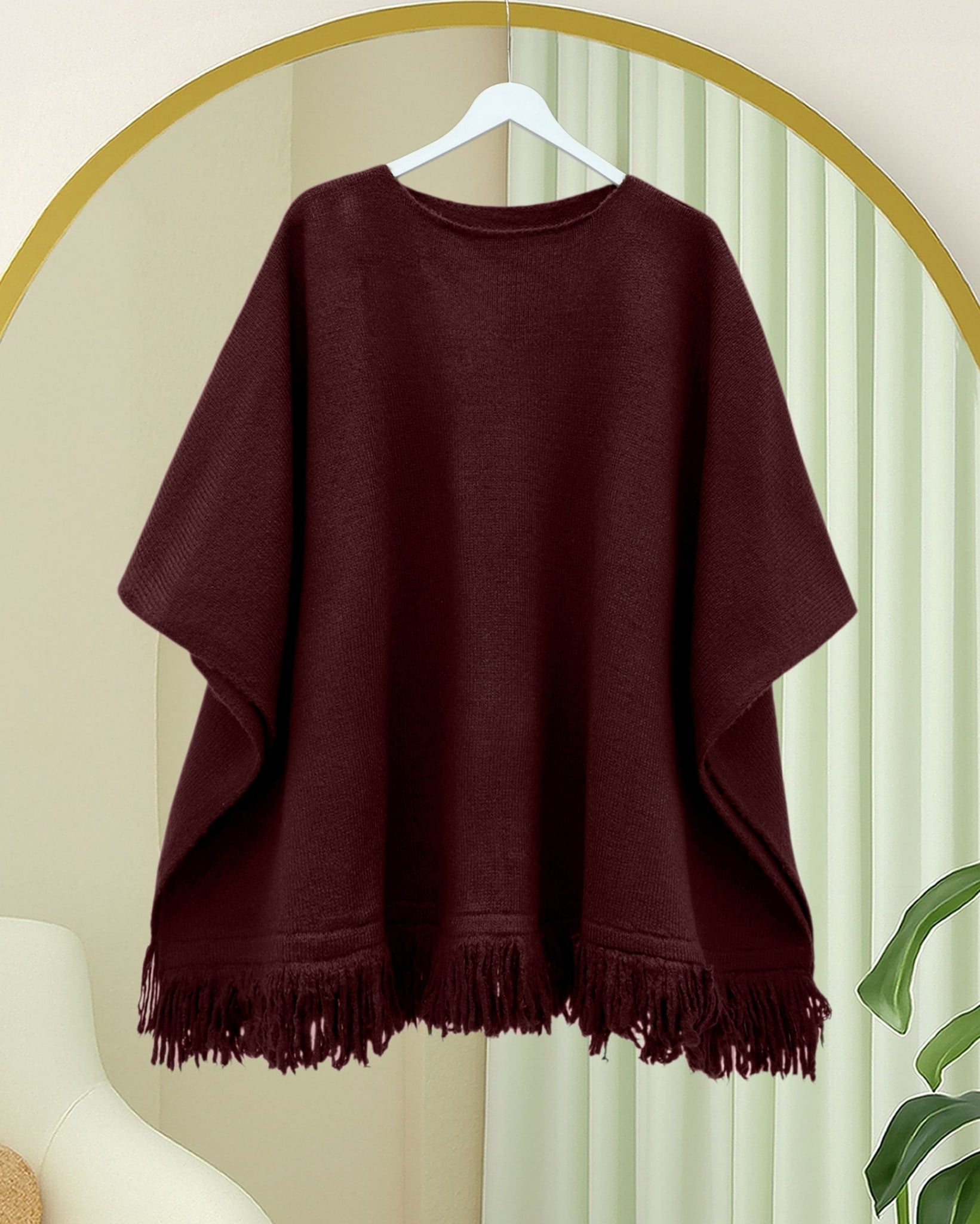 Eteği Püskül Detaylı Triko Panço  -Bordo