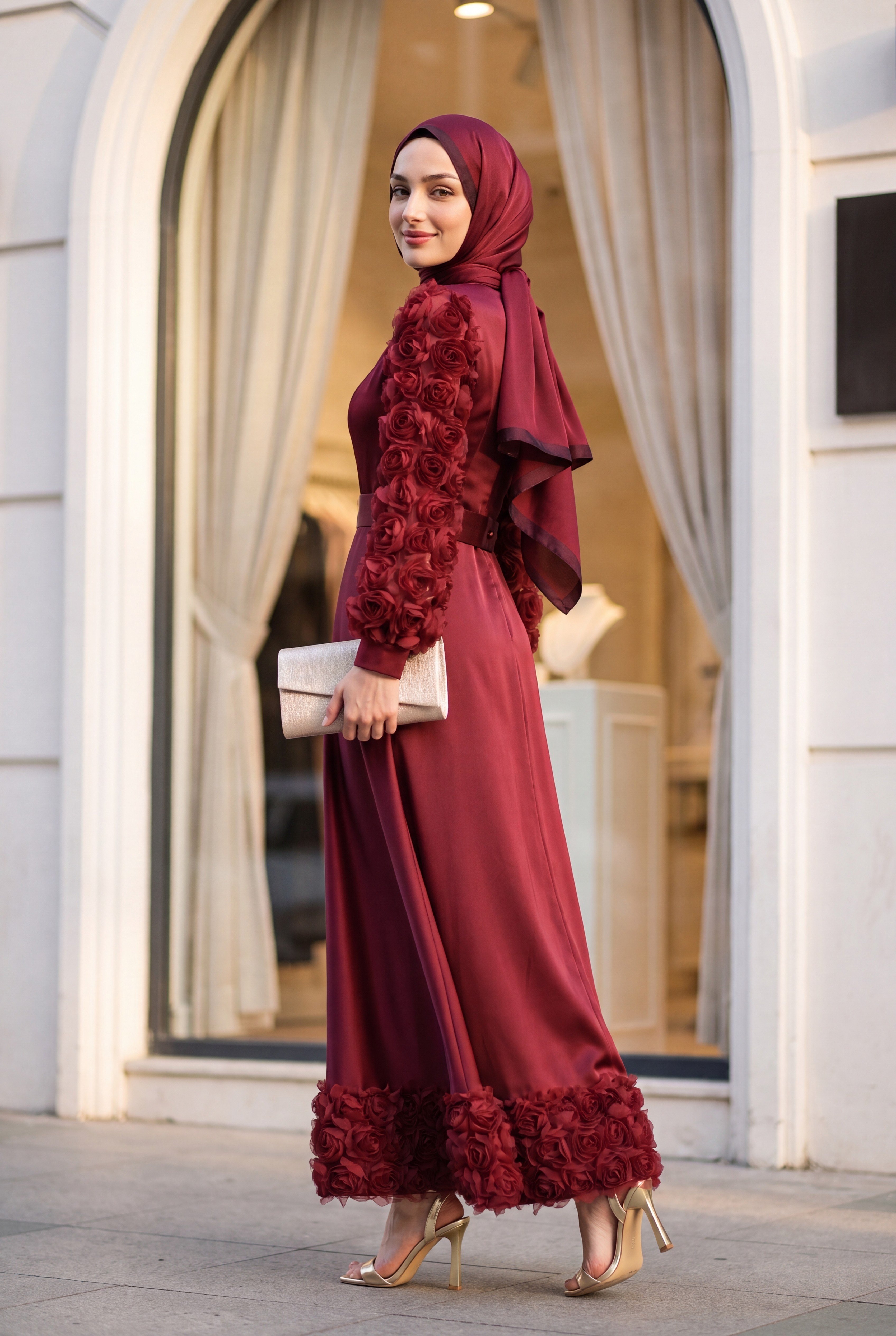 Eteği Ve Kolları Gül Detaylı Saten Abiye  -Bordo