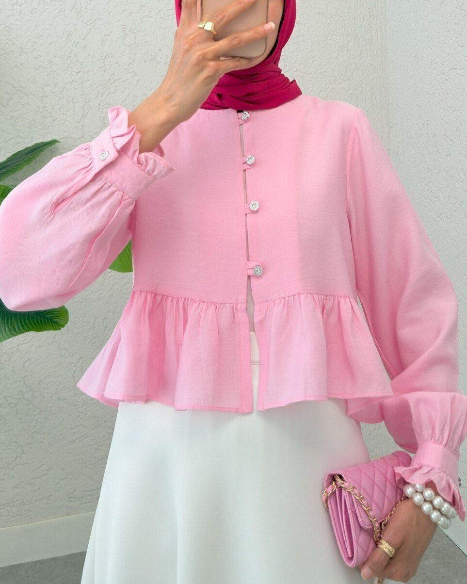 Eteği Ve Kolu Fırfırlı Taşlı Düğmeli Modal Kumaş Gömlek  -Pembe
