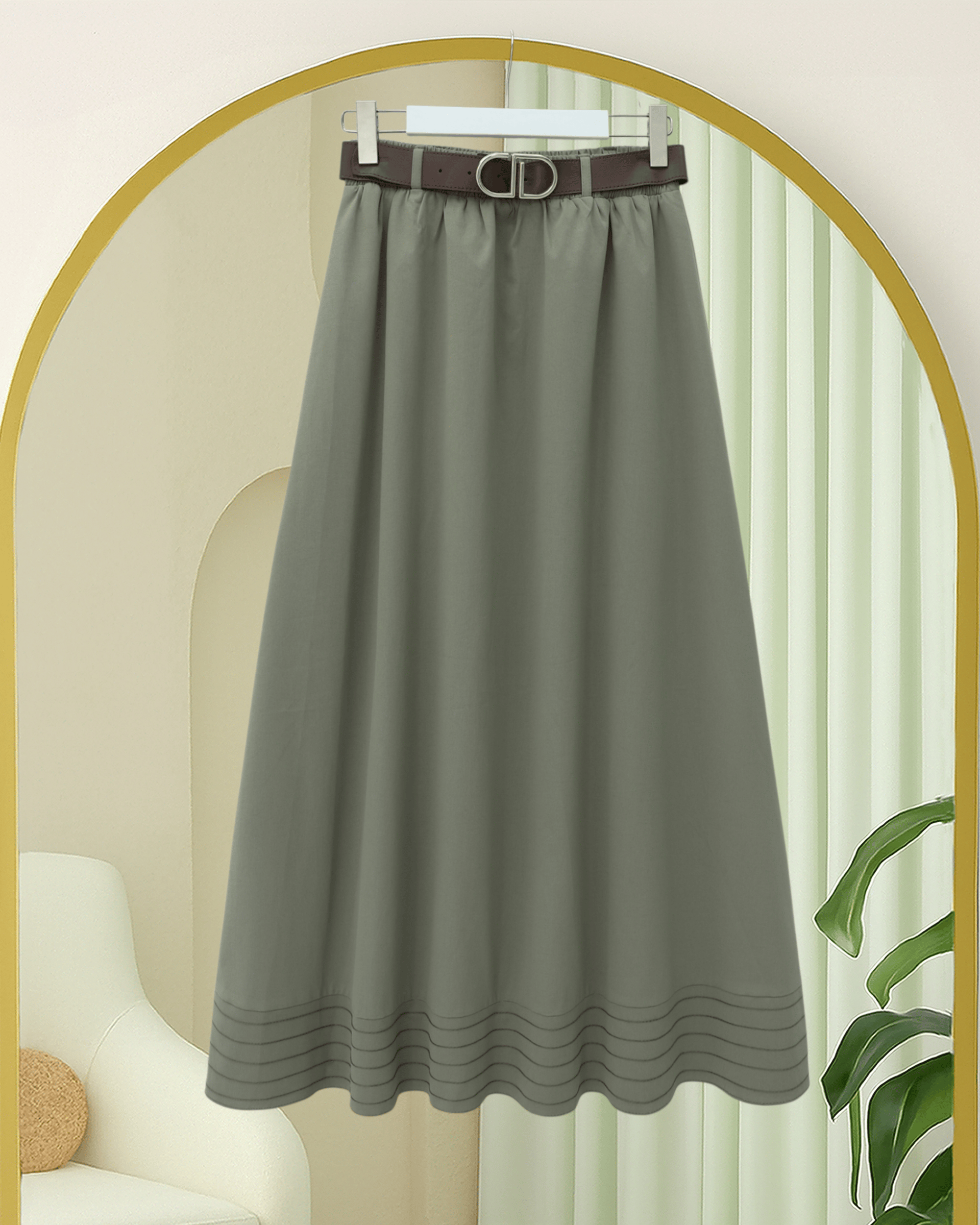 Etek Ucu Dikiş Detaylı Beli Lastikli Astarlı İthal Soft Gabardin Etek -Çağla Y.
