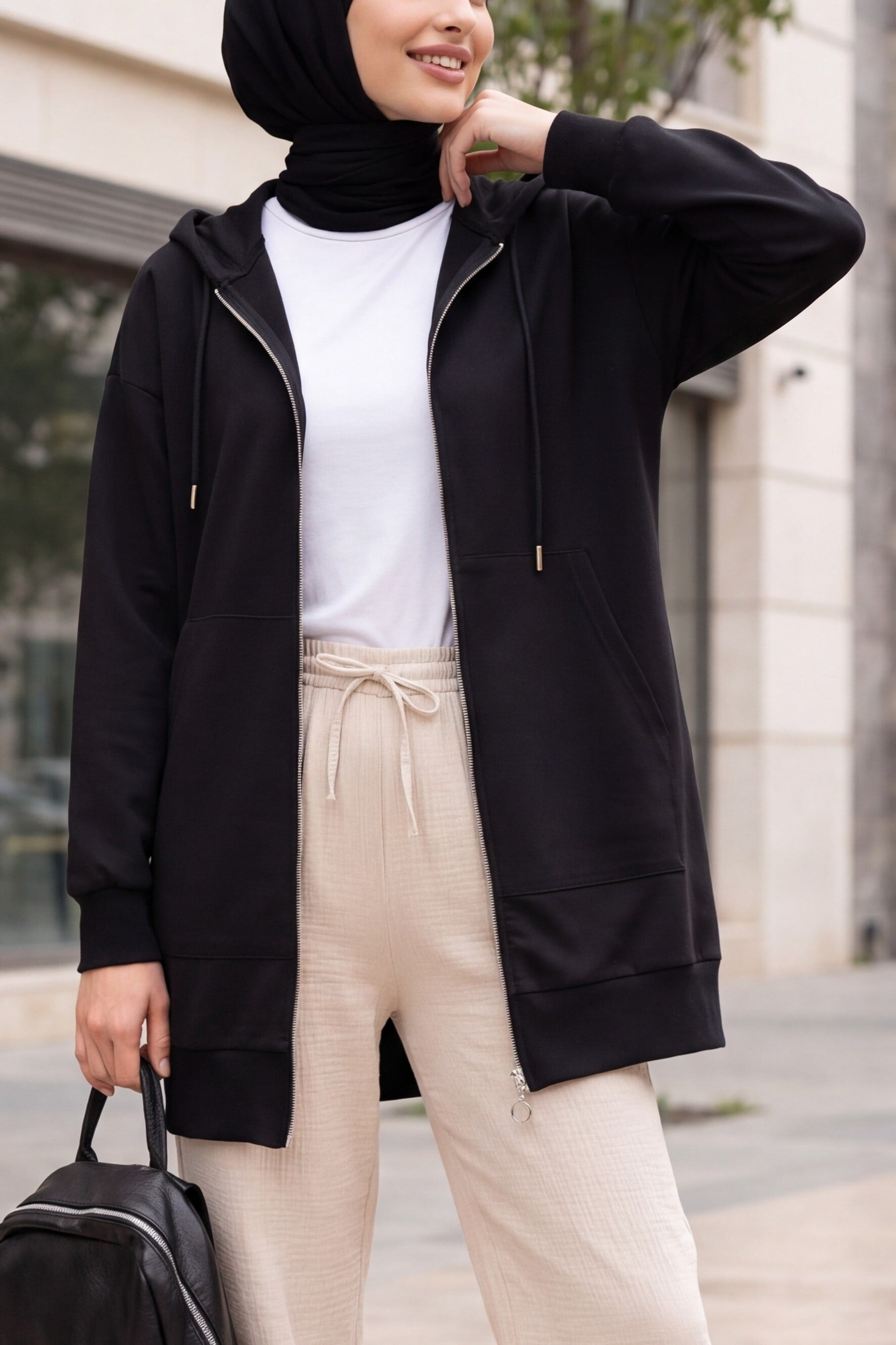 Fermuarlı Kanguru Cepli Kapşonlu İki İplik Sweat -Siyah
