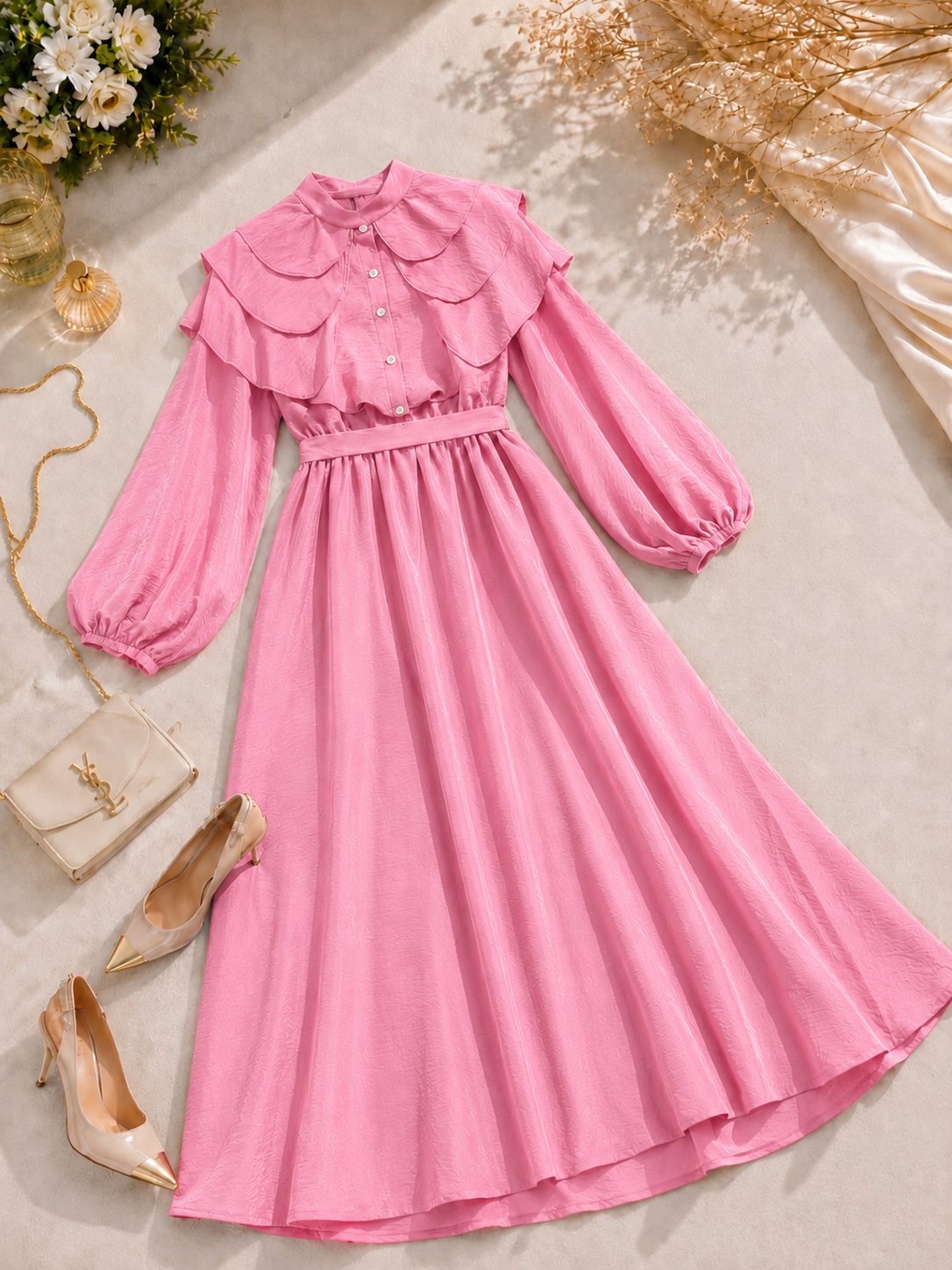 Fırfır ve Kemer Detaylı Elbise - Pembe