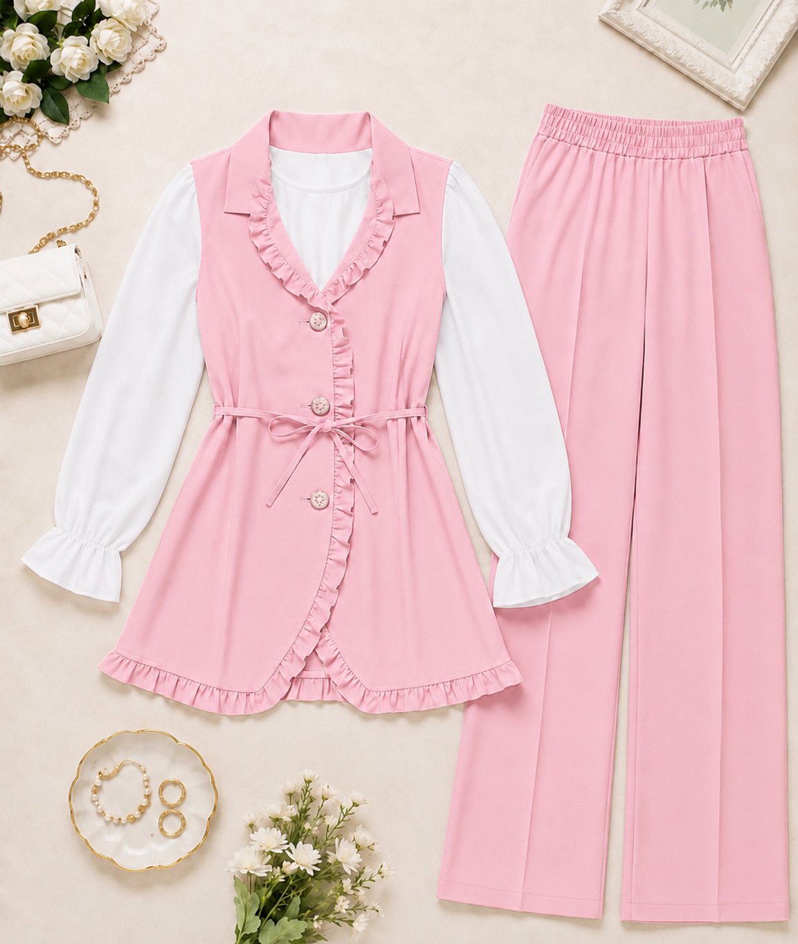 Fırfırlı Düğmeli Yelek Pantolon İkili Takım - Pembe