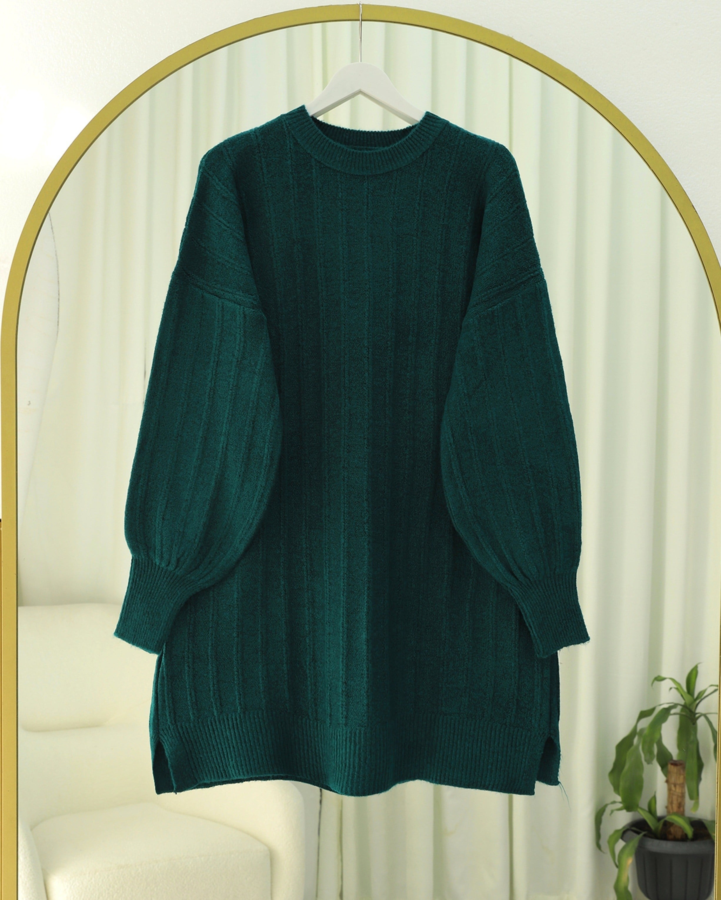Fitilli Yırtmaçlı Yumoş Triko Tunik -Zümrüt