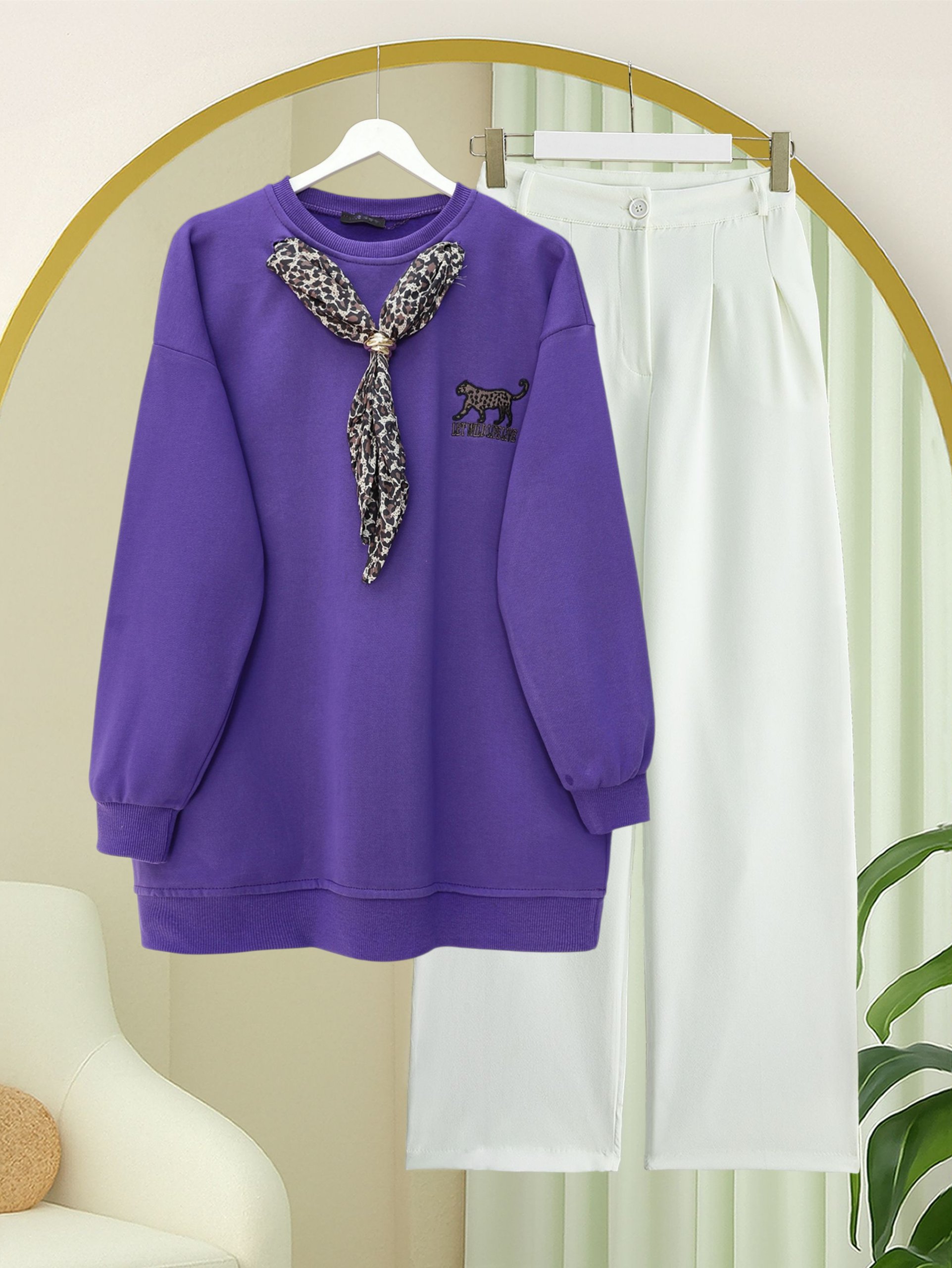 Fularlı Leopar Armalı 3 İplik Sweat  -Mor