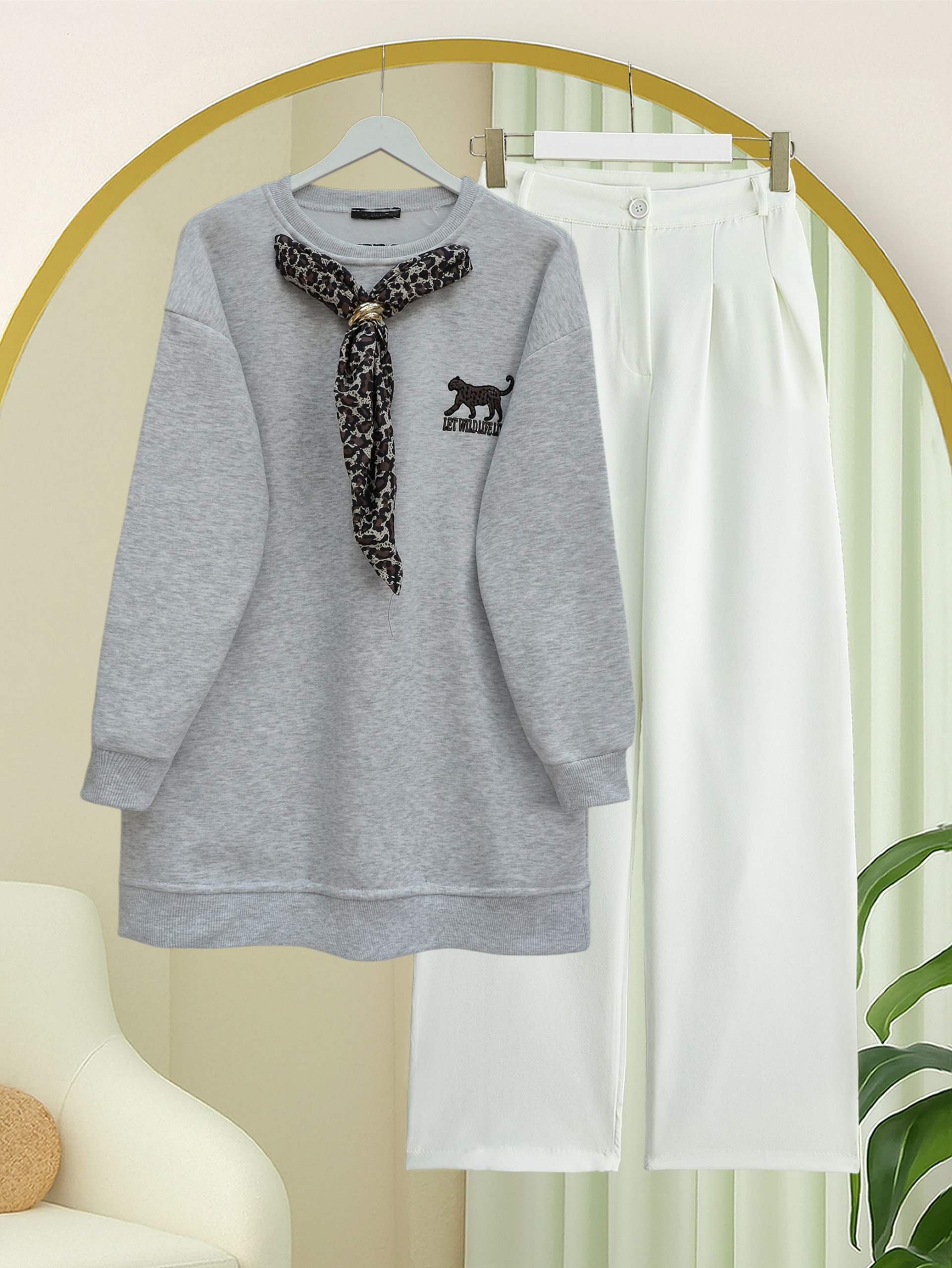 Fularlı Leopar Armalı 3 İplik Sweat -Açık Gri