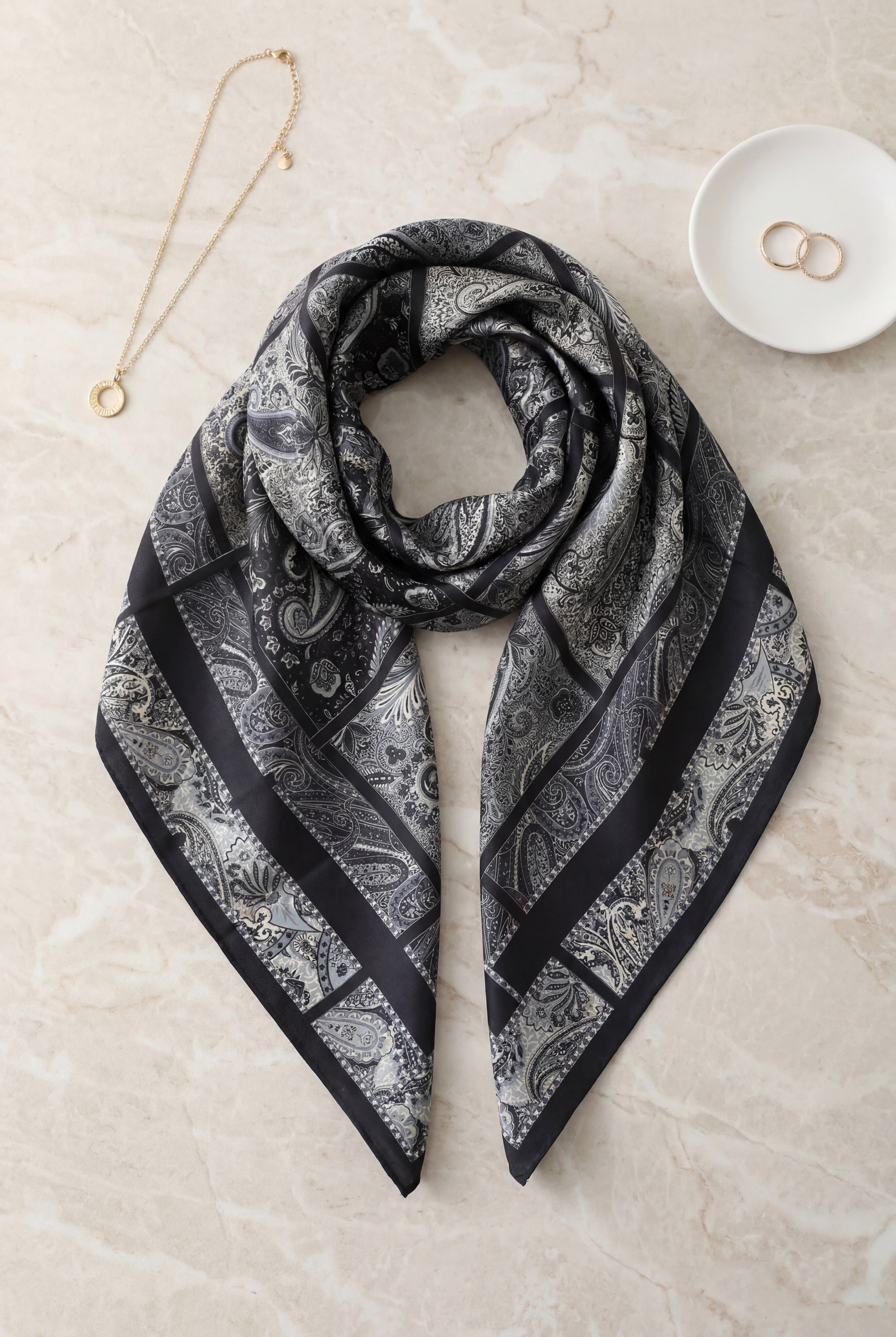 Geometrik Çerçeveli Rayon Eşarp -Gri