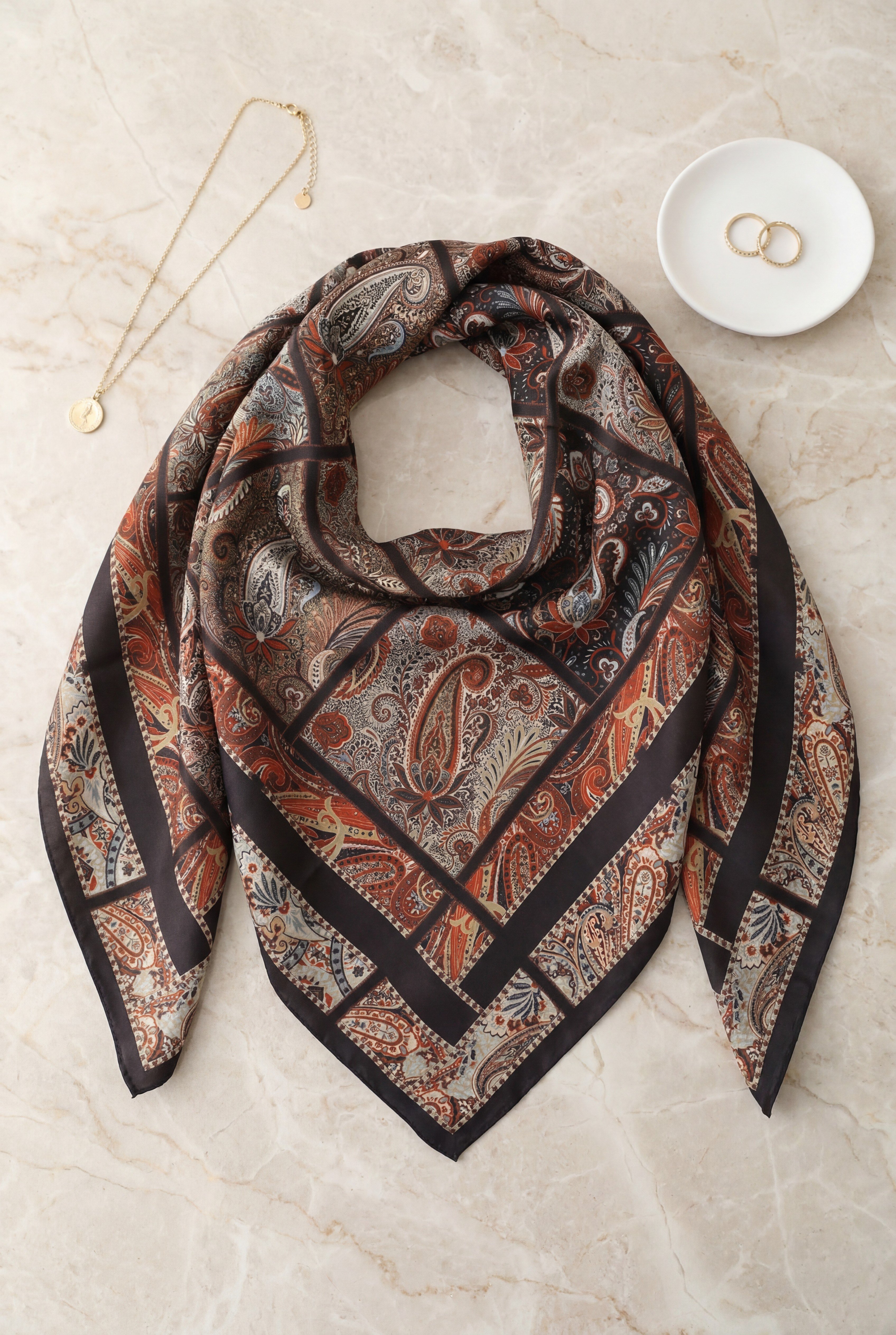 Geometrik Çerçeveli Rayon Eşarp -Kiremit