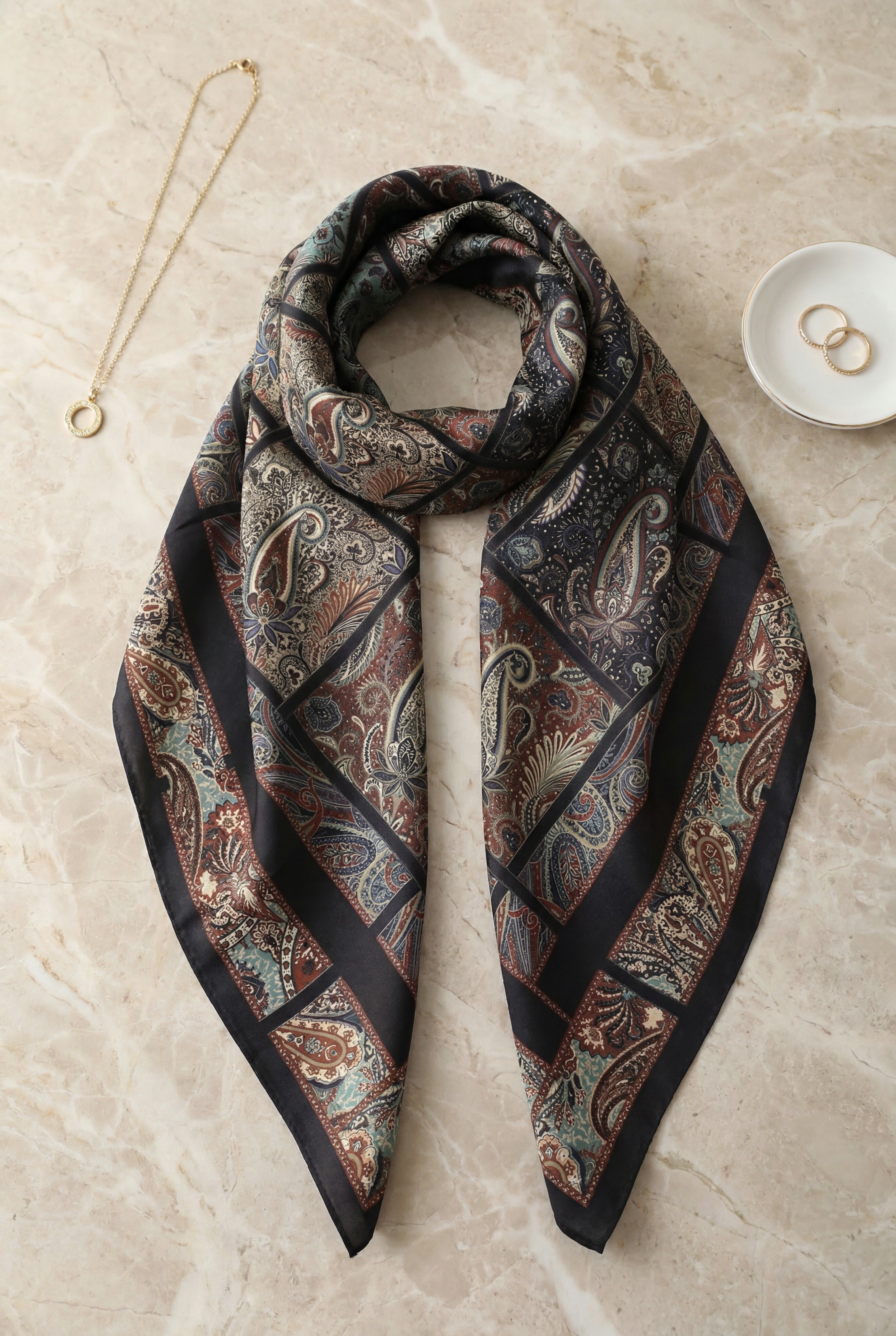 Geometrik Çerçeveli Rayon Eşarp -Koyu Bordo