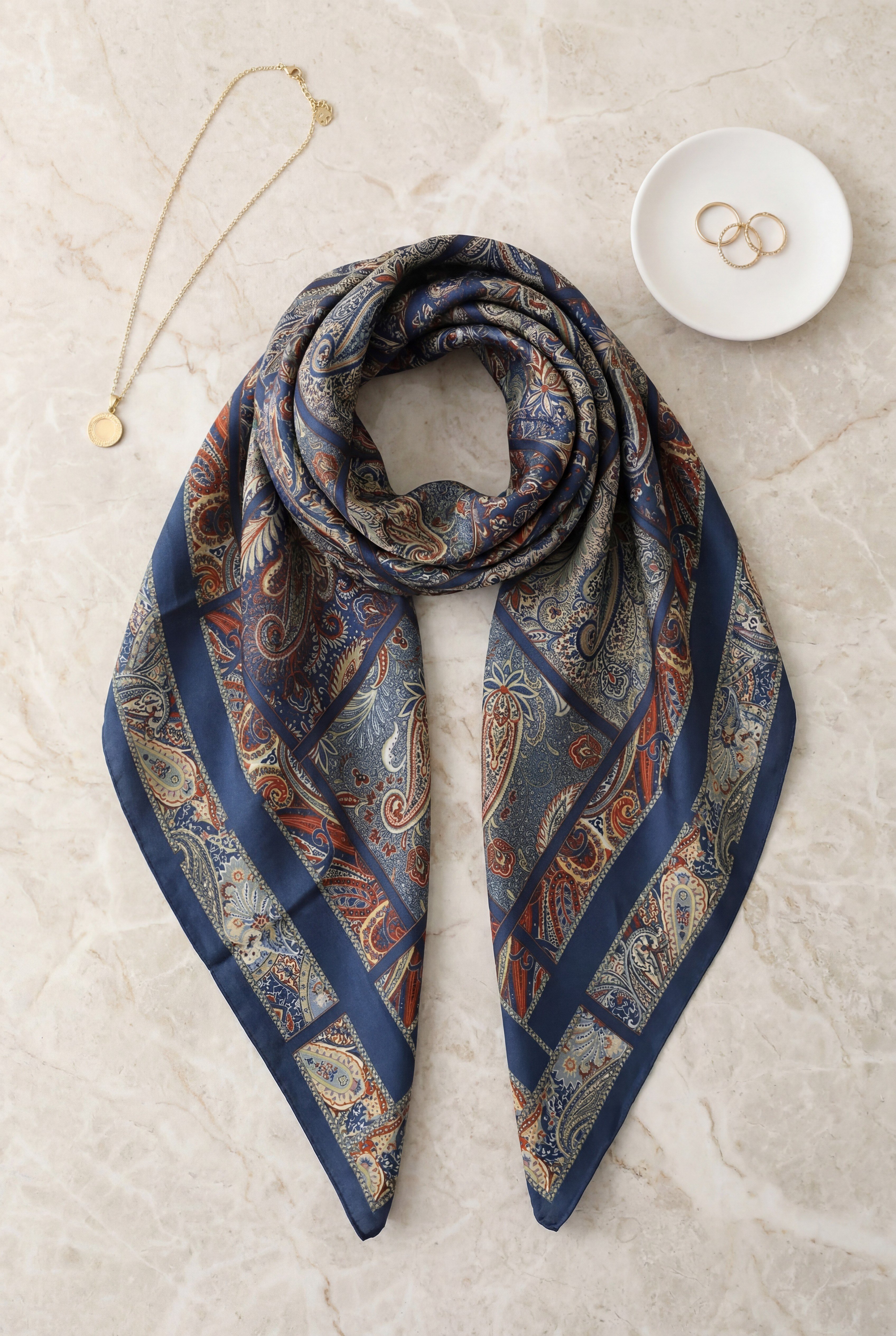 Geometrik Çerçeveli Rayon Eşarp -Lacivert