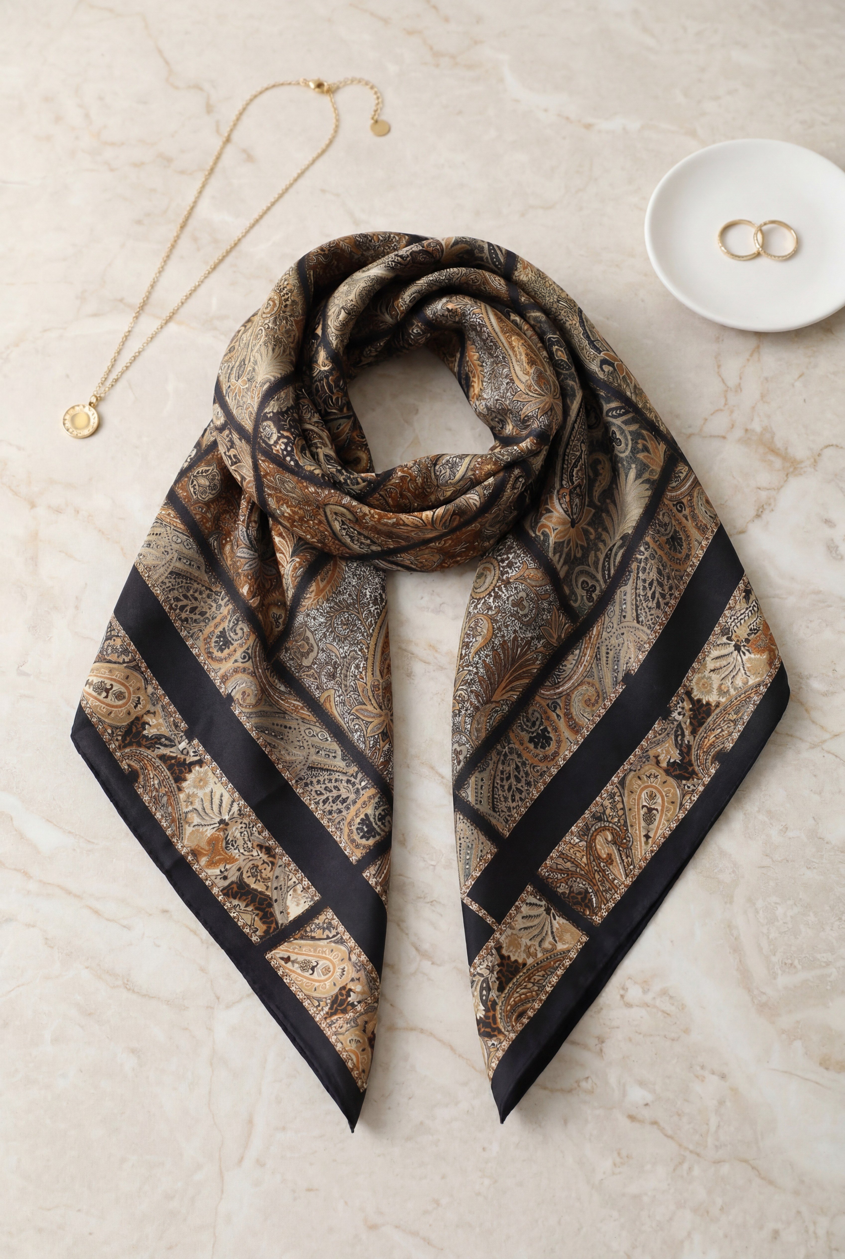 Geometrik Çerçeveli Rayon Eşarp -Taba