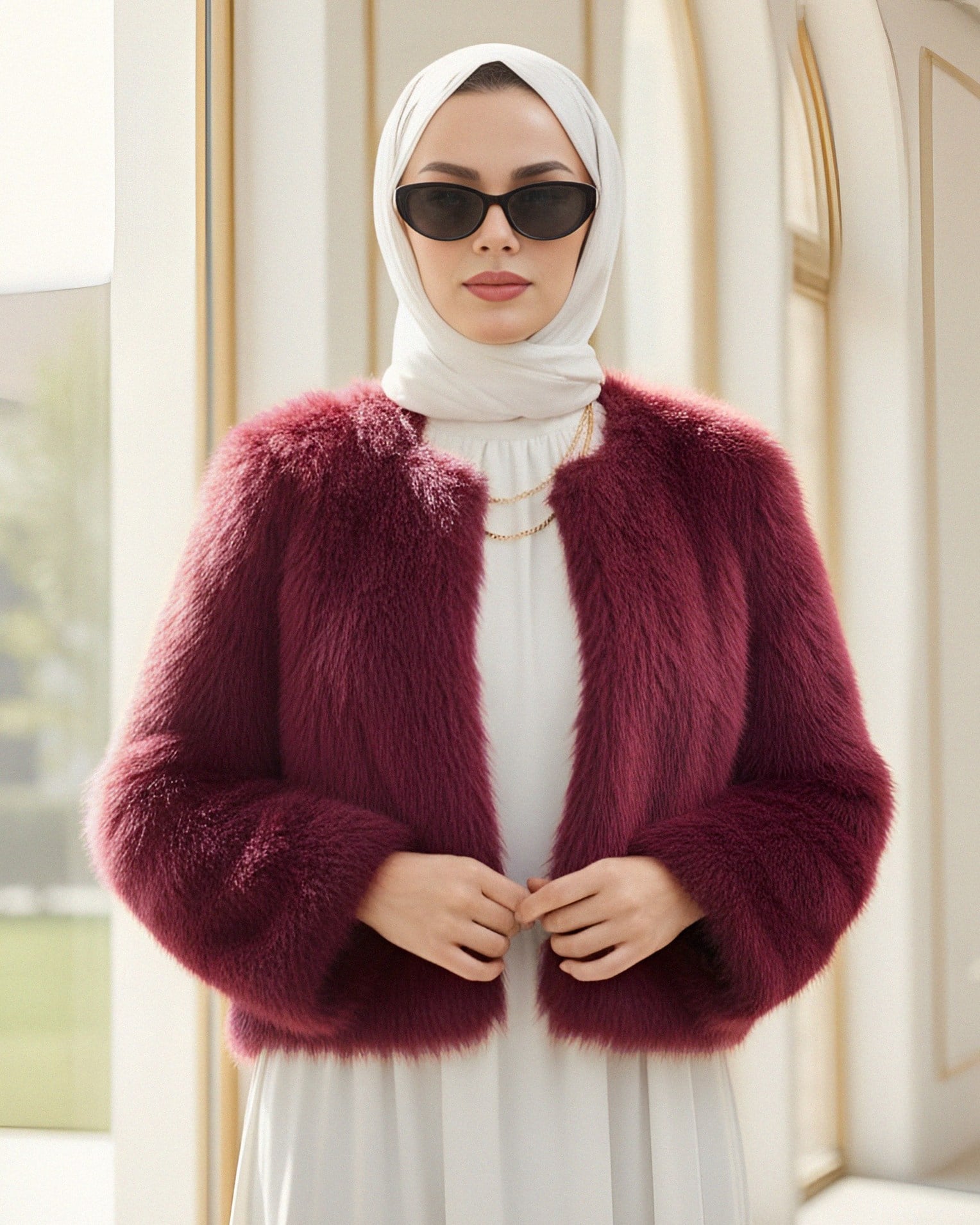 İçi Astarlı Kürklü Kaban -Bordo