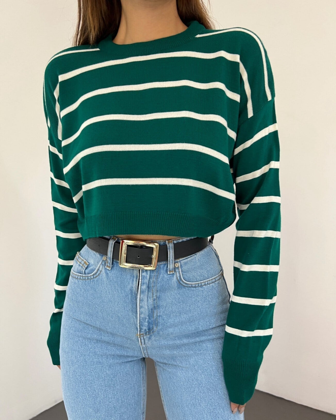 İnce Çizgili Crop Triko Kazak -Zümrüt