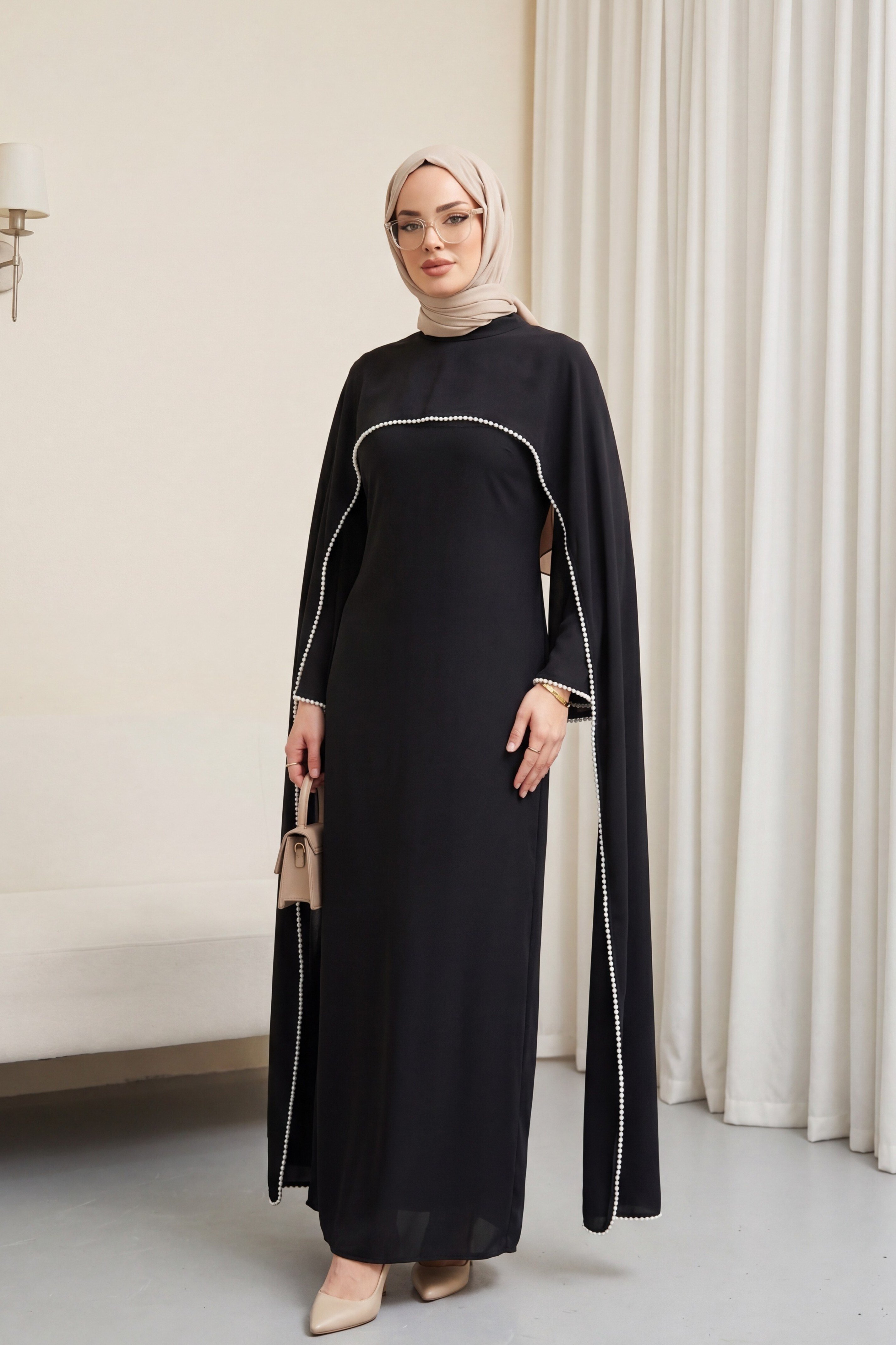 İnci Detaylı Çıkarılabilir Pelerinli İspanyol Kol Astarlı Krep Abaya Elbise -Siyah