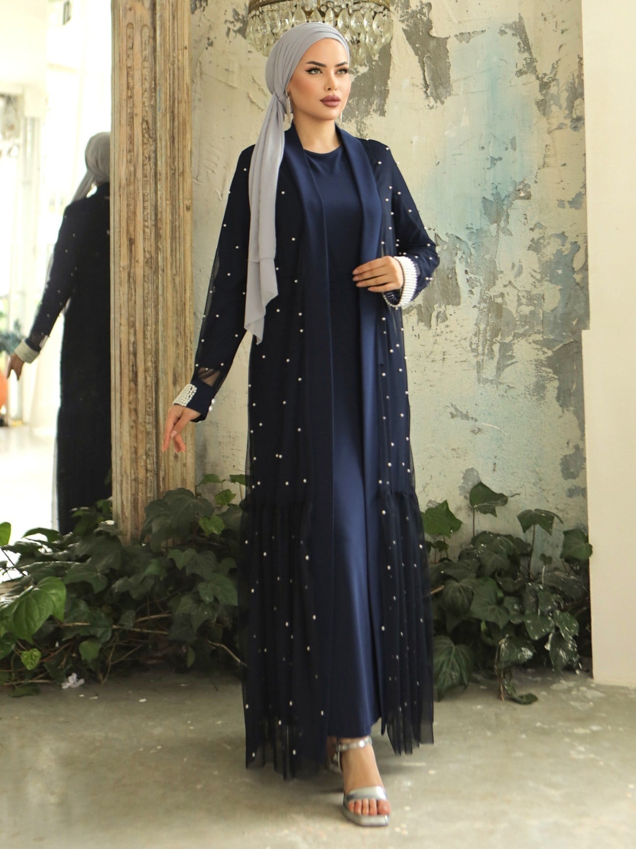İnci Detaylı Kuşaklı İkili Abaya  -Laci