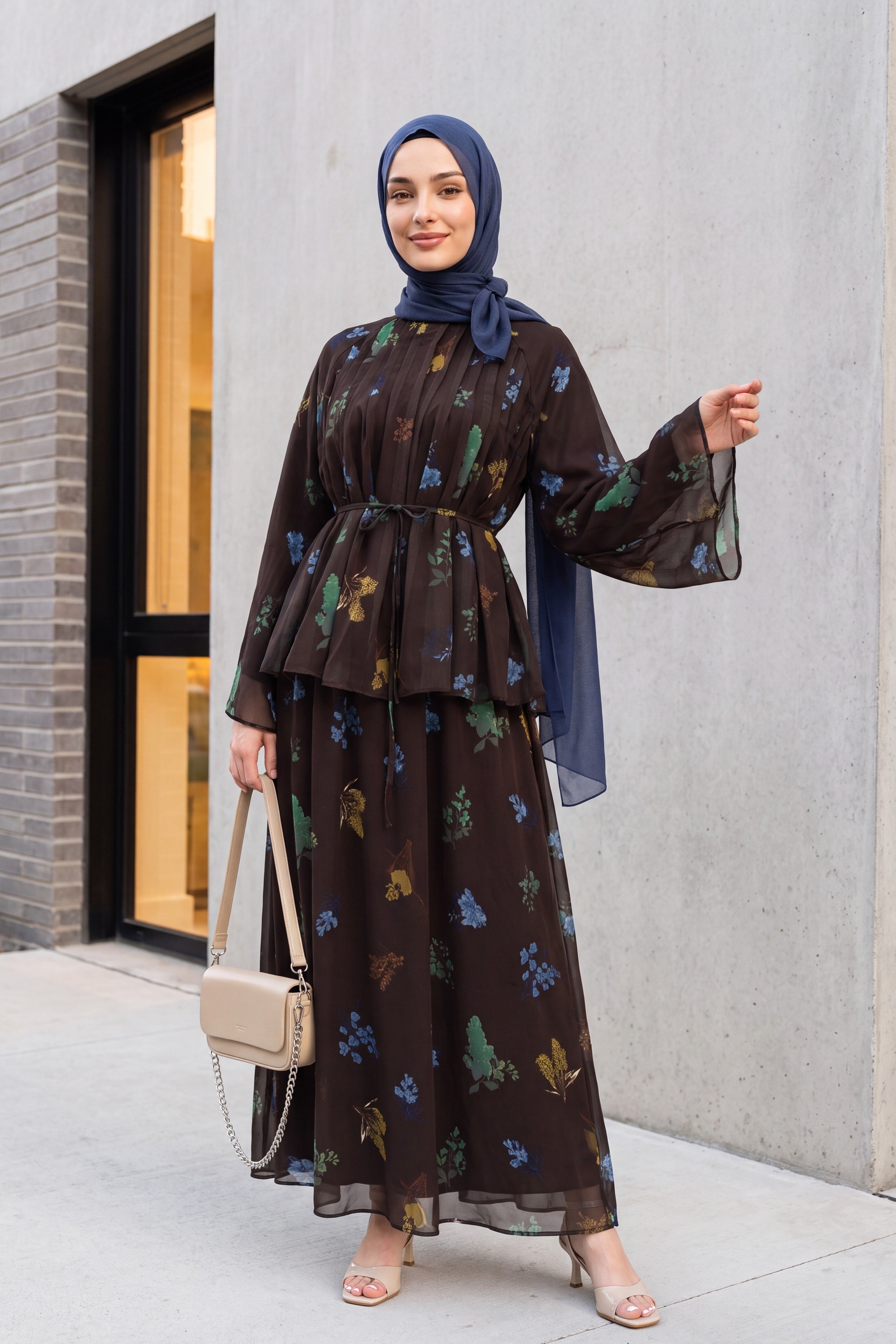 İspanyol Kol Astarlı Kemerli Çiçek Desenli Etekli Şifon Takım -Koyu Kahverengi
