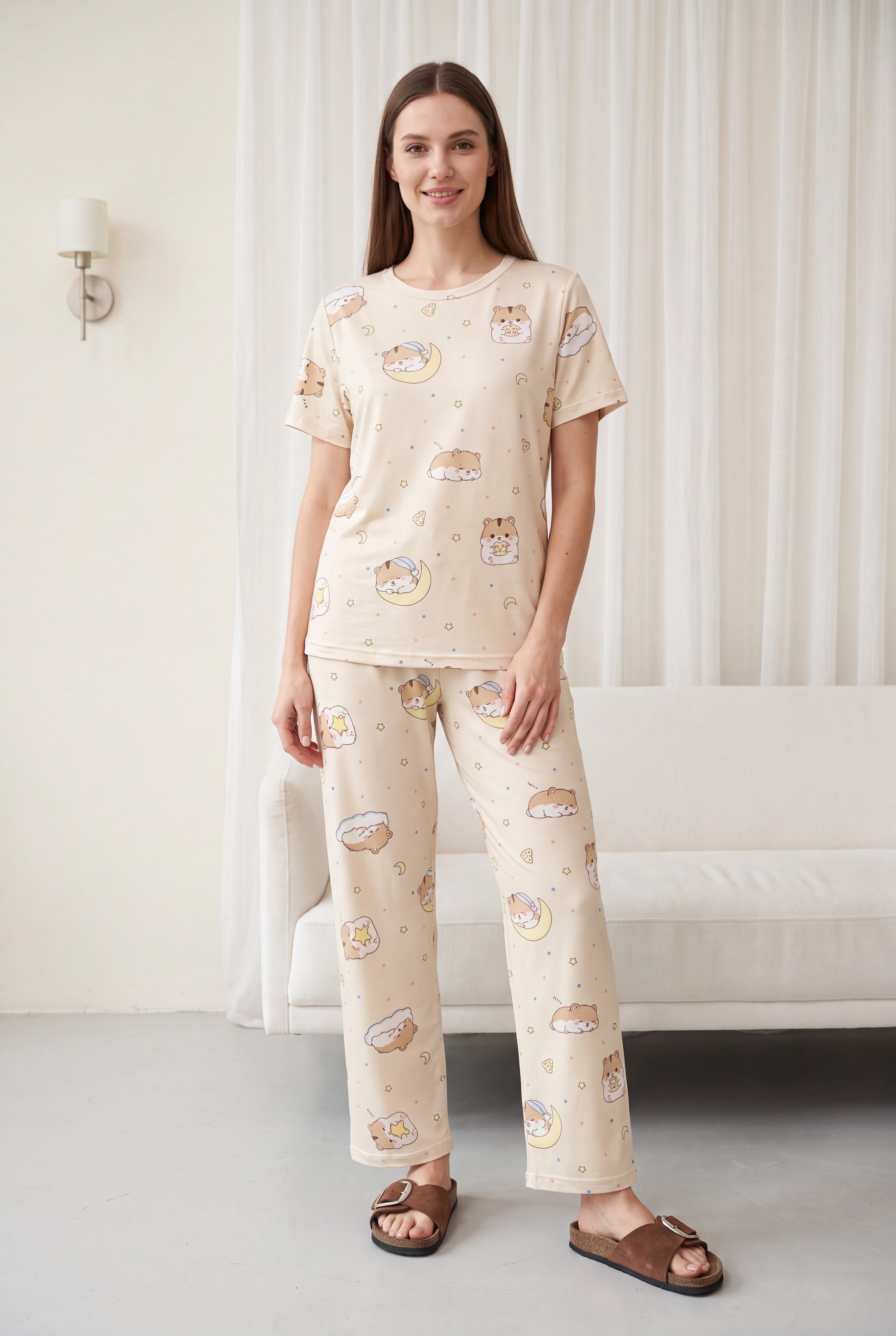 Karışık Figür Desenli Bisiklet Yaka Kısa Kol Penye Pijama Takımı -Krem