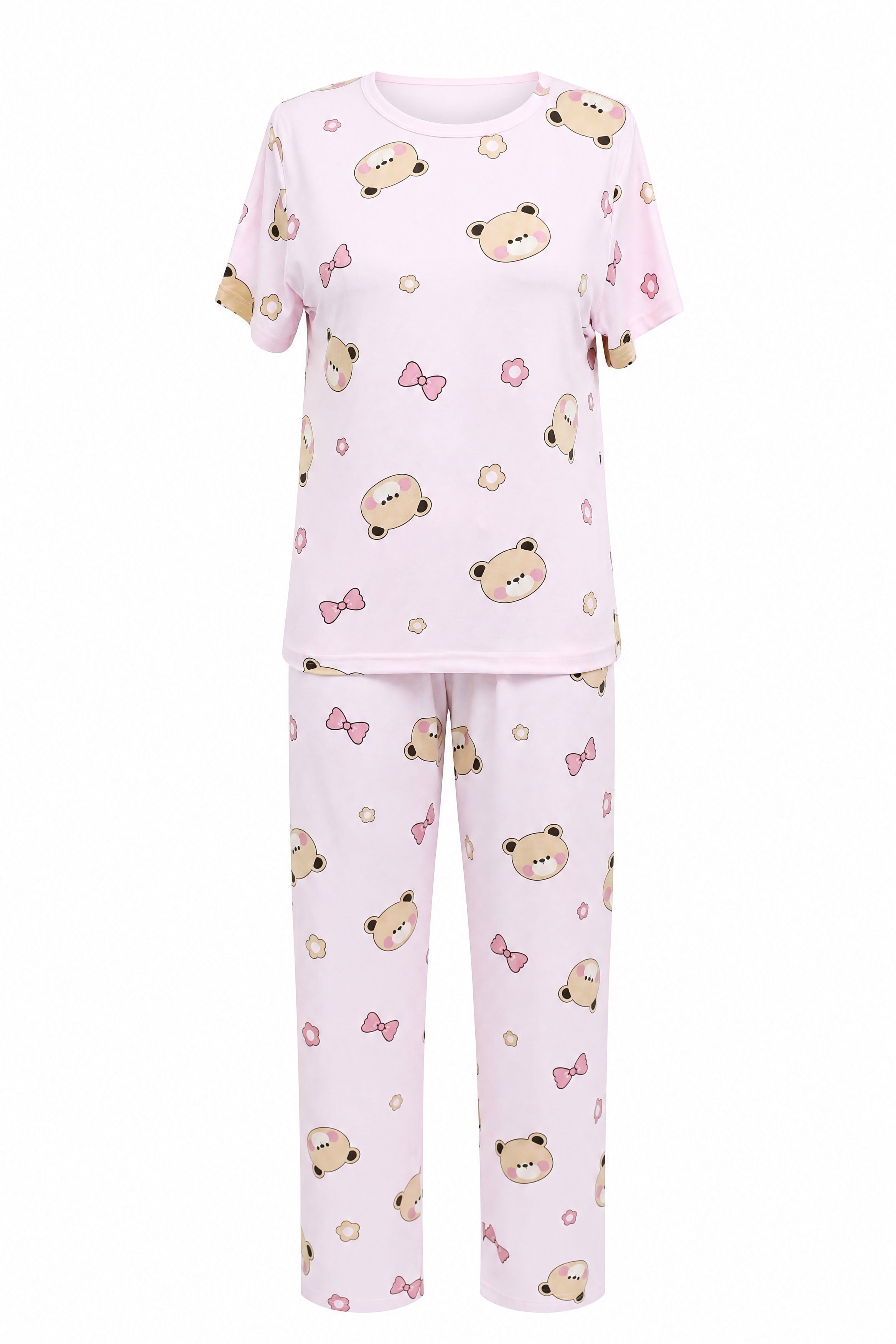 Karışık Figür Desenli Bisiklet Yaka Kısa Kol Penye Pijama Takımı -Pudra