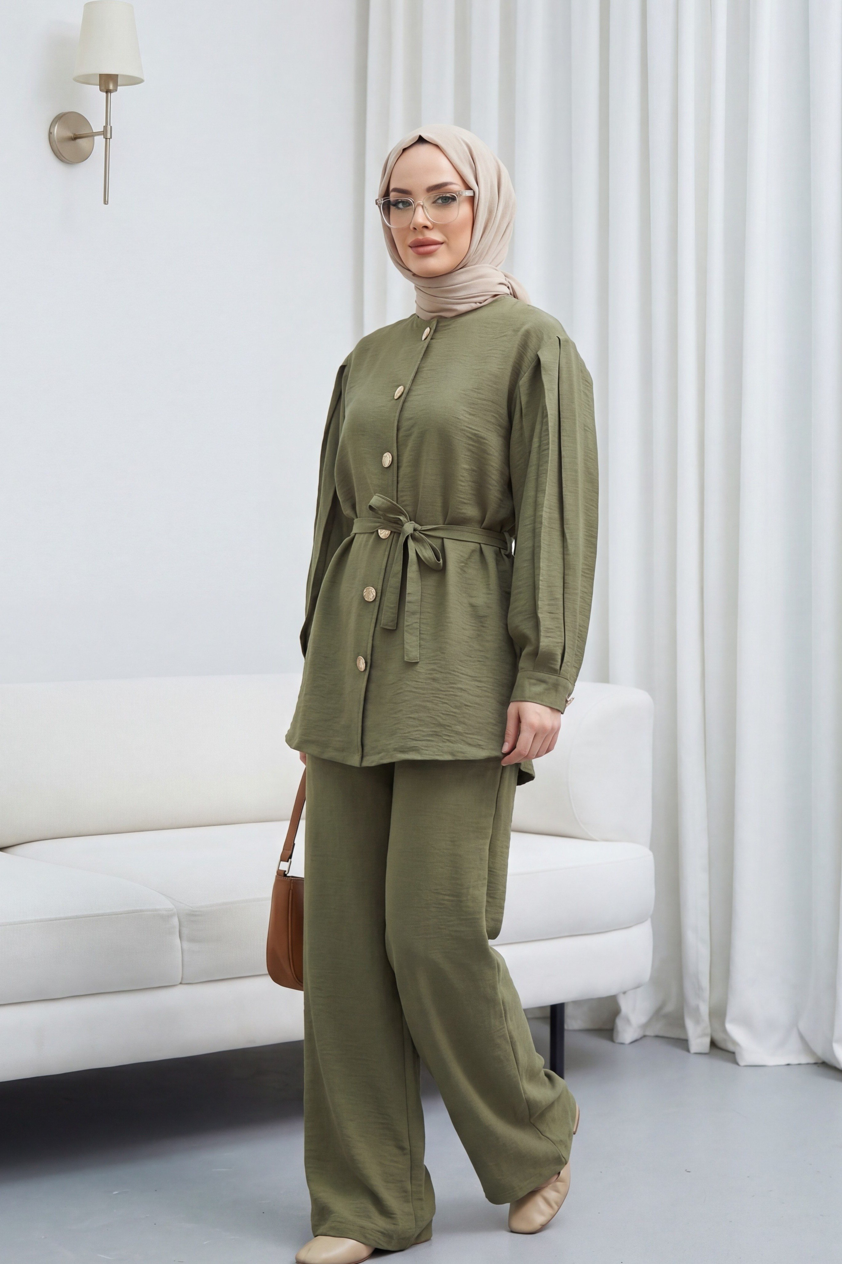 Karpuz Kol Beli Bağcıklı Pantolonlu Lena Takım -Haki