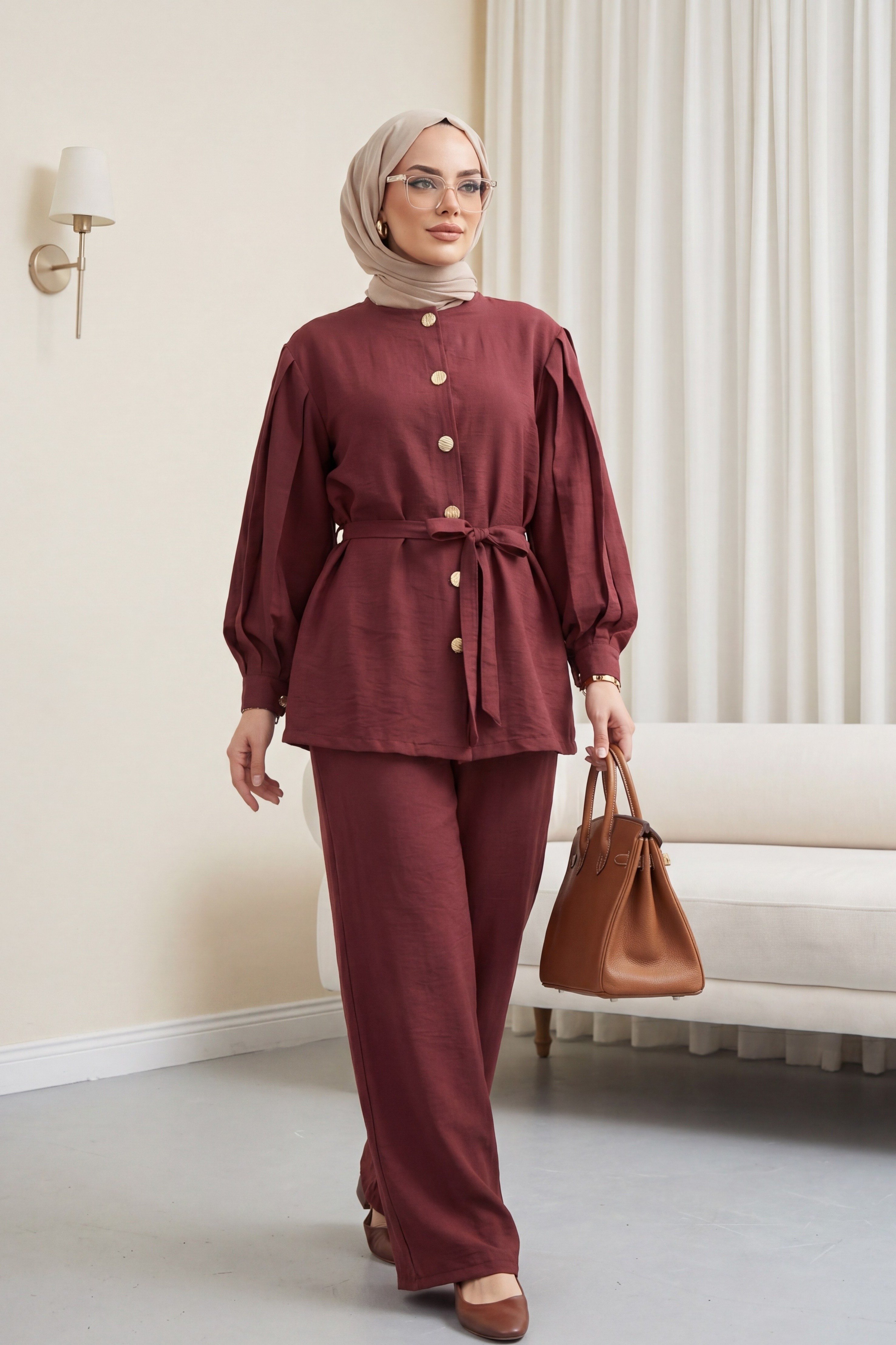 Karpuz Kol Beli Bağcıklı Pantolonlu Lena Takım -Mürdüm