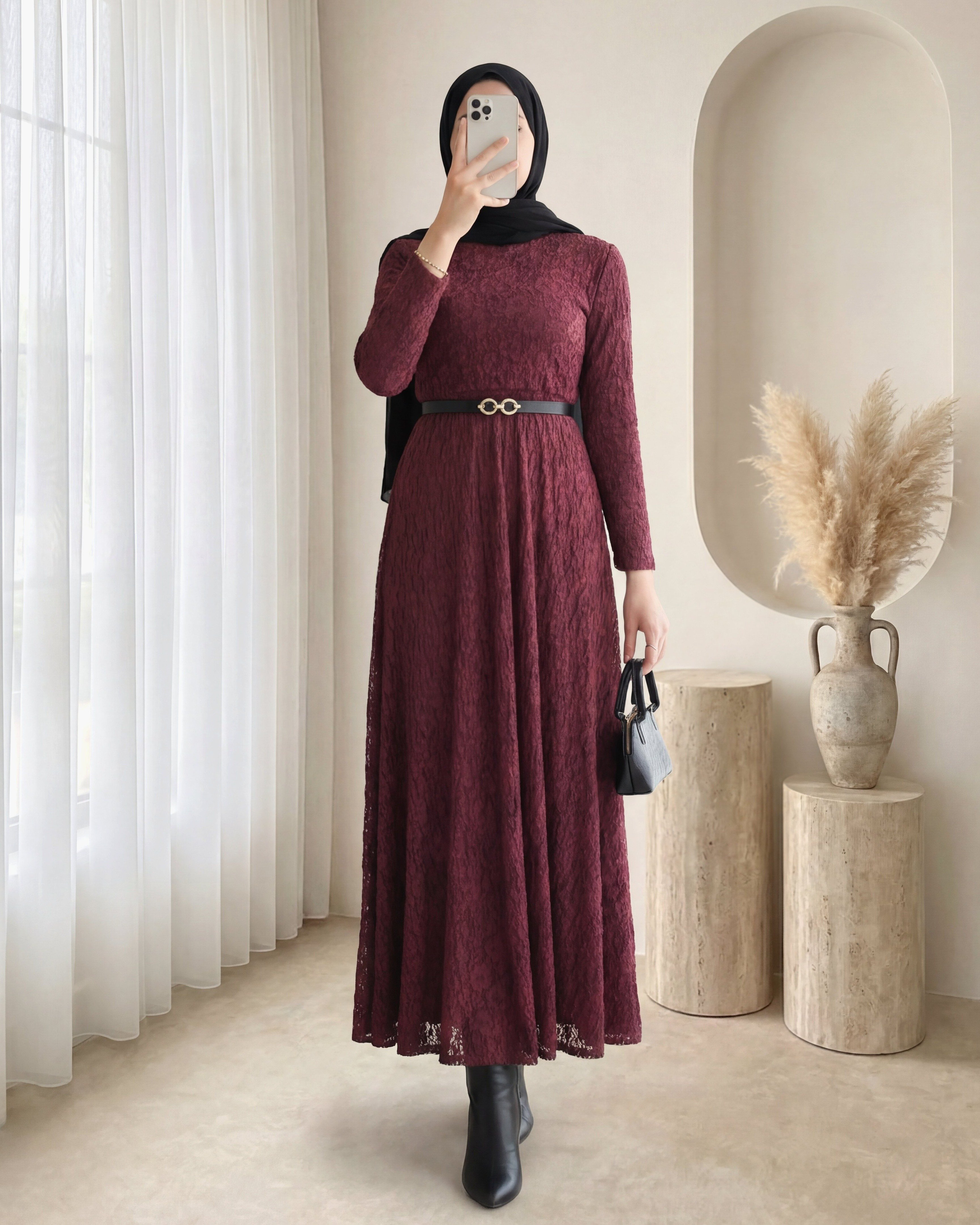 Kemerli Astarlı Güpür Dantel Elbise -Bordo