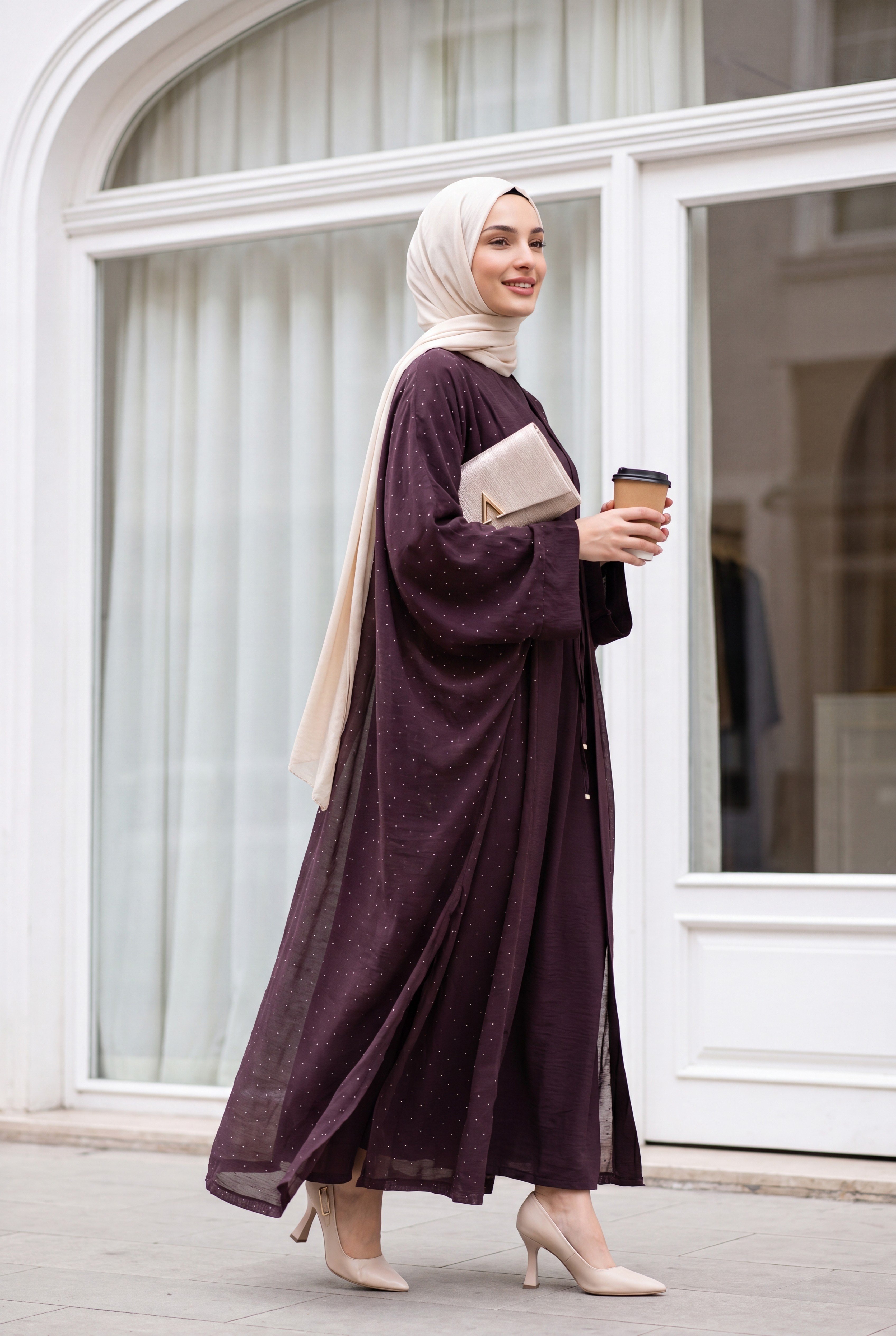Kemerli İçlikli Taş Detaylı Astarlı Flam Tül Abaya Takım -Mürdüm