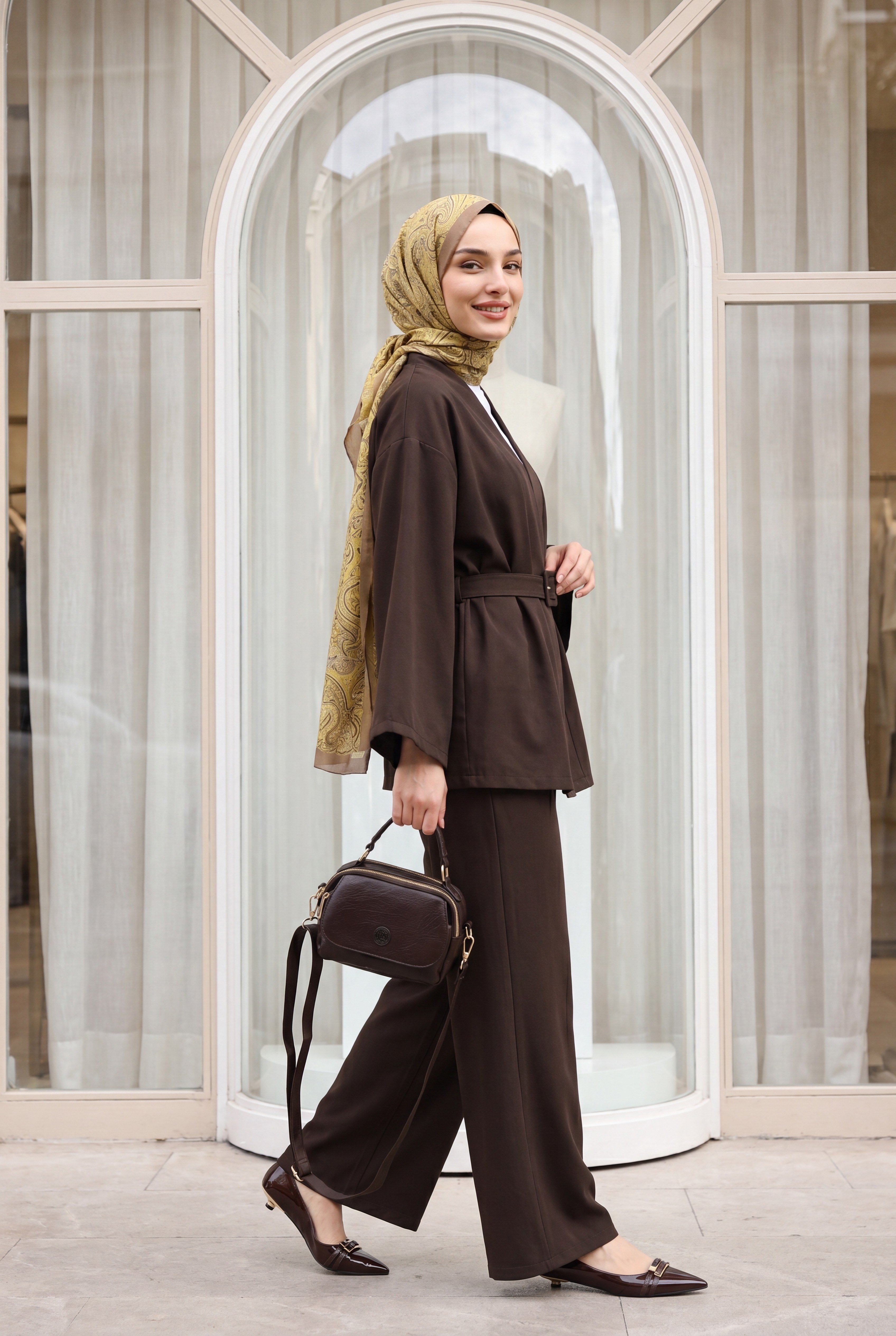 Kemerli Pantolonlu Kimono Takım   -Kahve