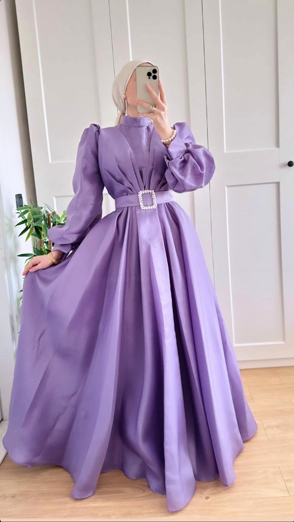 Kemerli Tafta Prenses Abiye -Lila