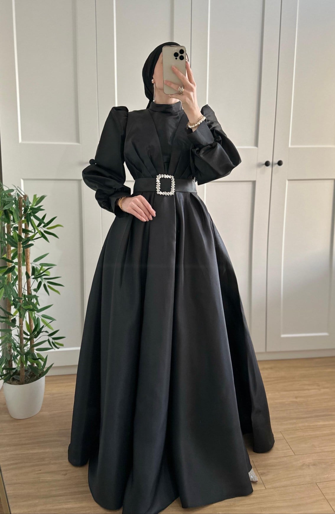 Kemerli Tafta Prenses Abiye -Siyah