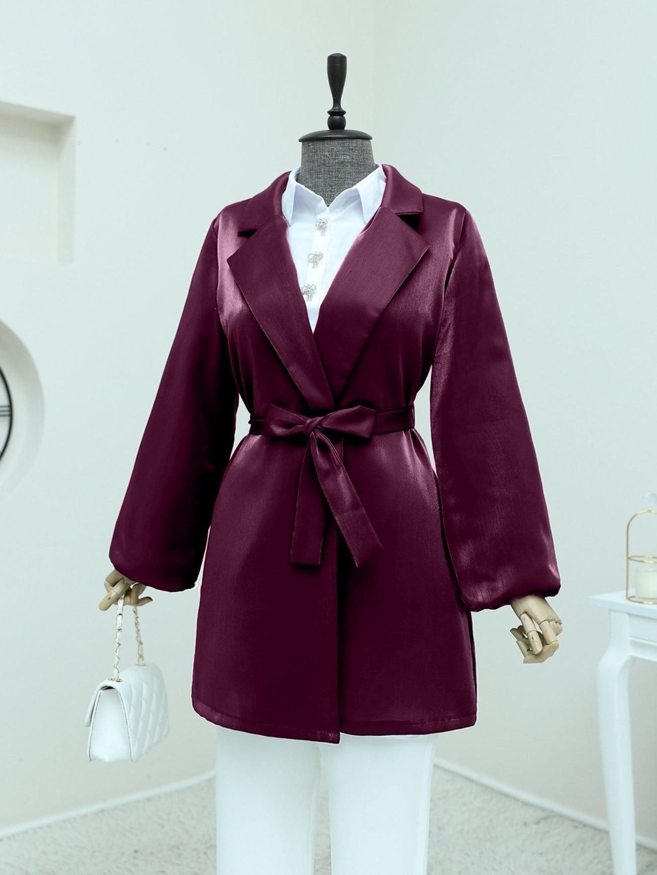 Kolları Volanlı Bağcıklı Saten Ceket  -Bordo