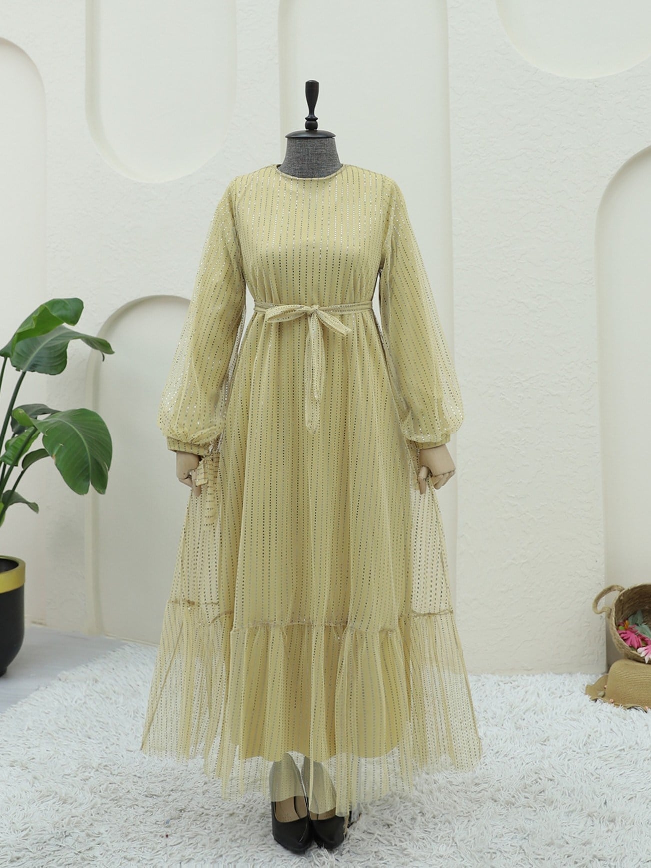 Kolu Bağlamalı Pul Detaylı Astarlı Kemerli Elbise -Sarı