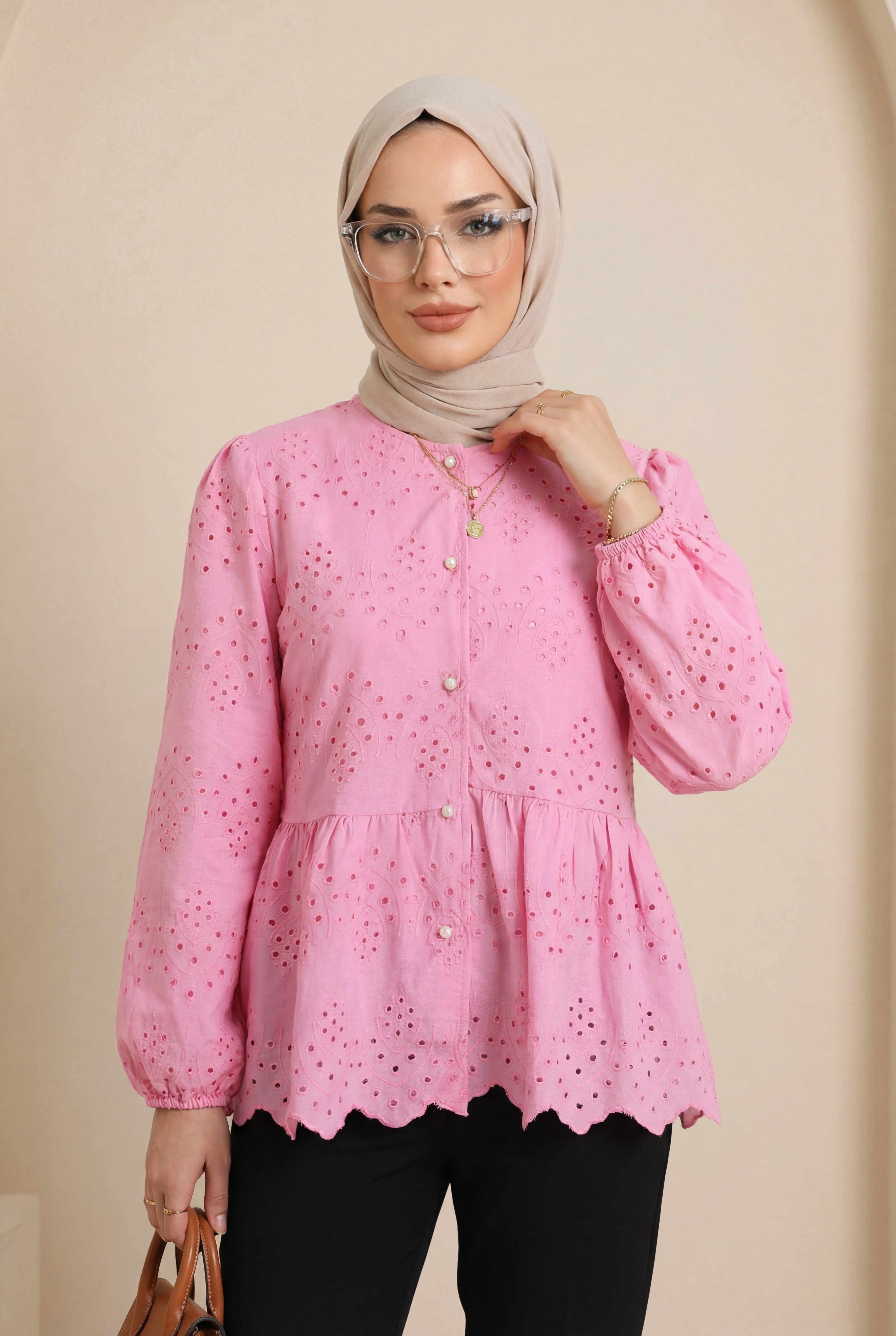 Kolu Lastikli Ajurlu Düğmeli Astarlı Gömlek  -Pembe