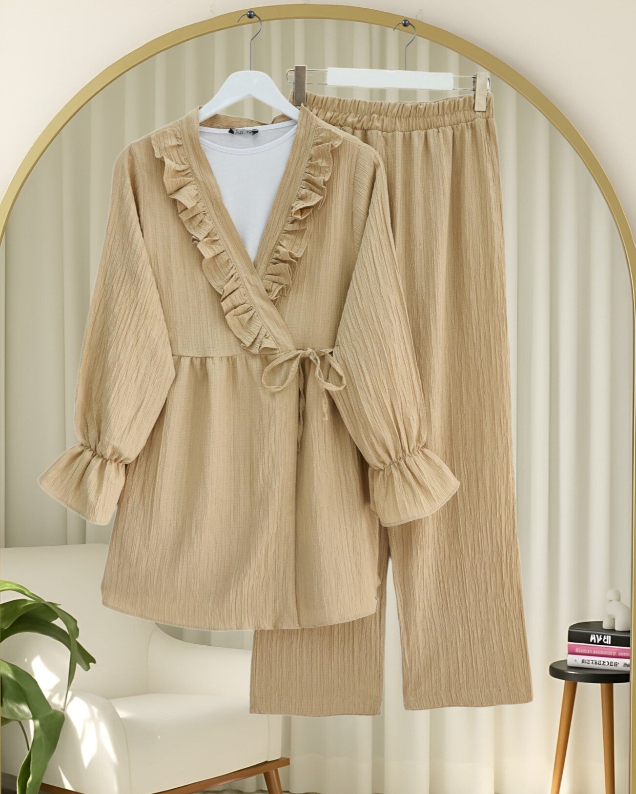 Kolu Lastikli Önü Fırfırlı Bağcıklı Krinkıl Kimono Takım -Vizon