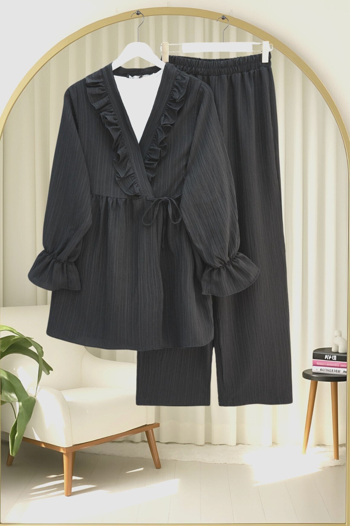 Kolu Lastikli Önü Fırfırlı Bağcıklı Krinkıl Kimono Takım -Siyah