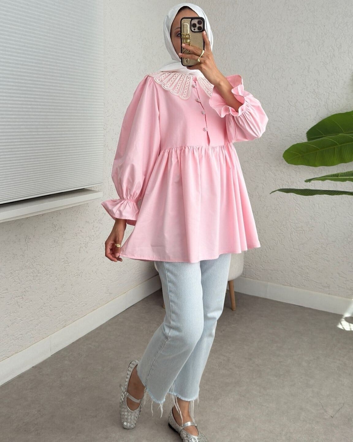 Kolu Lastikli Organze Bebe Yaka Yarım Düğmeli Tunik -Pembe