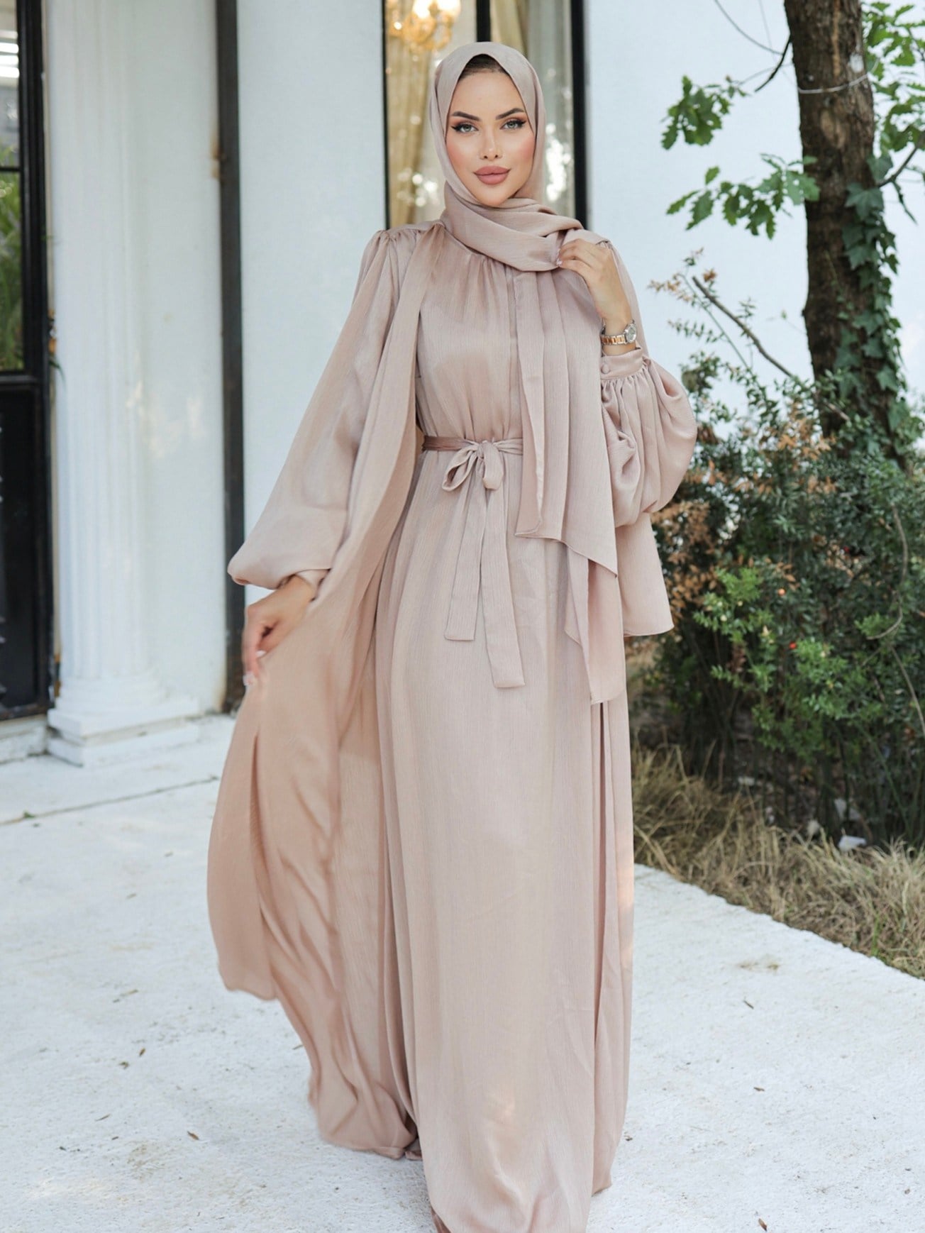 Krinkıl İpek Saten 3'lü Abaya Takım -Bej