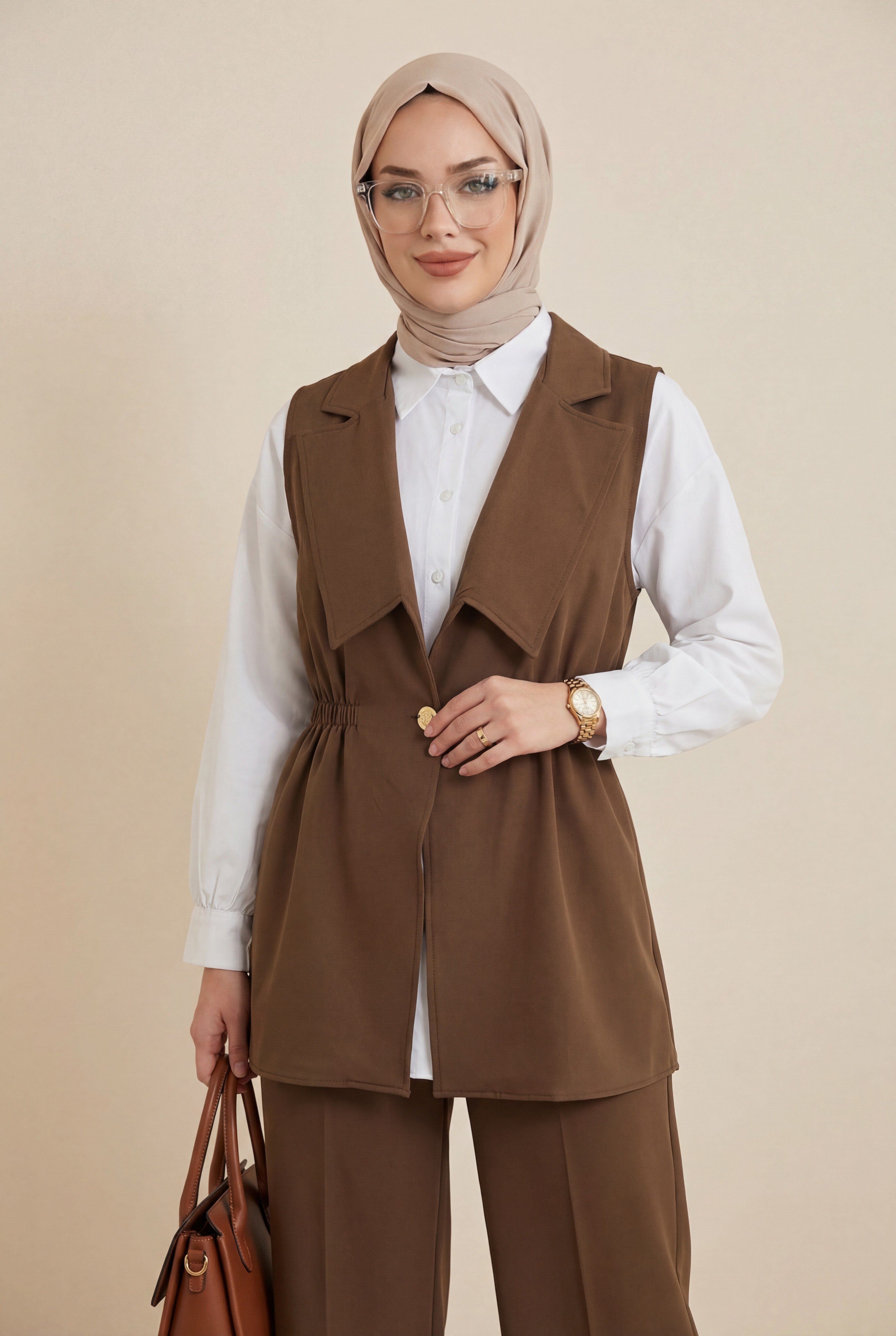 Kruvaze Yaka Beli Lastikli Yelek Pantolon Modal Takım -Kahve