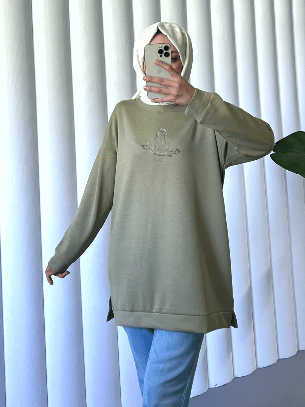 Kuş Desenli Taşlı Oysho Tunik  -Haki