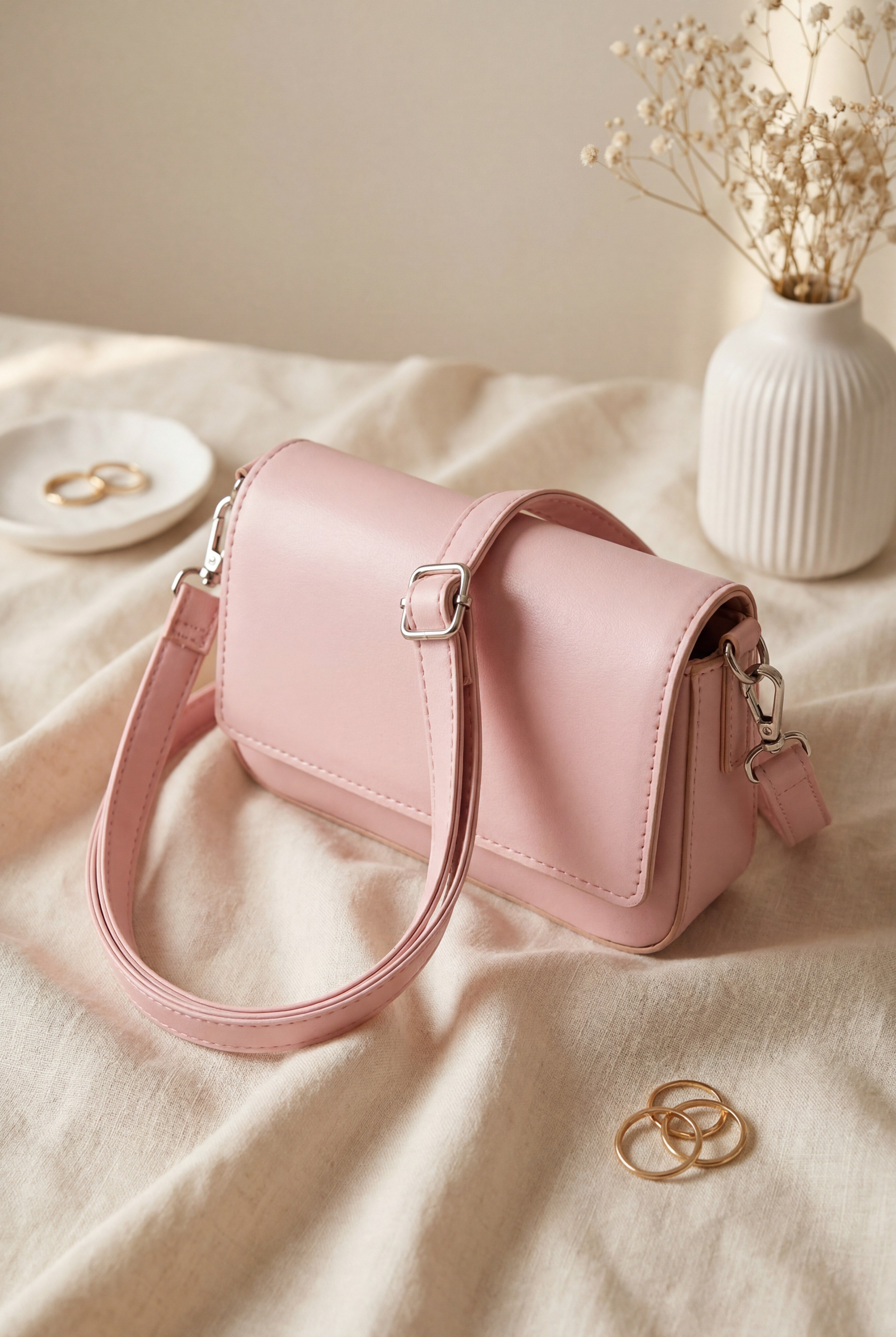 Minimalist Mıknatıslı Kapaklı Askılı Çapraz Çanta  -Pembe
