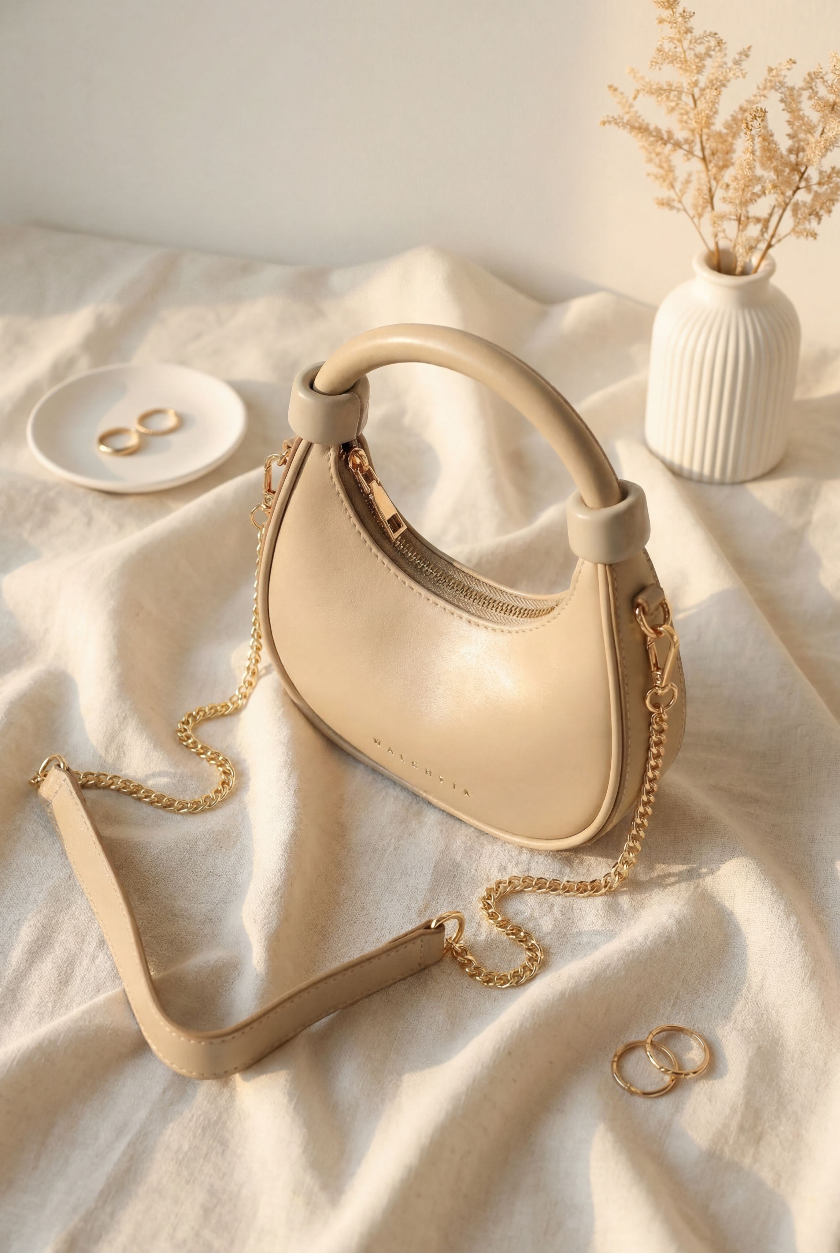 Modern Tasarım Boğumlu Saplı Askılı Mini Hobo Çanta -Vizon