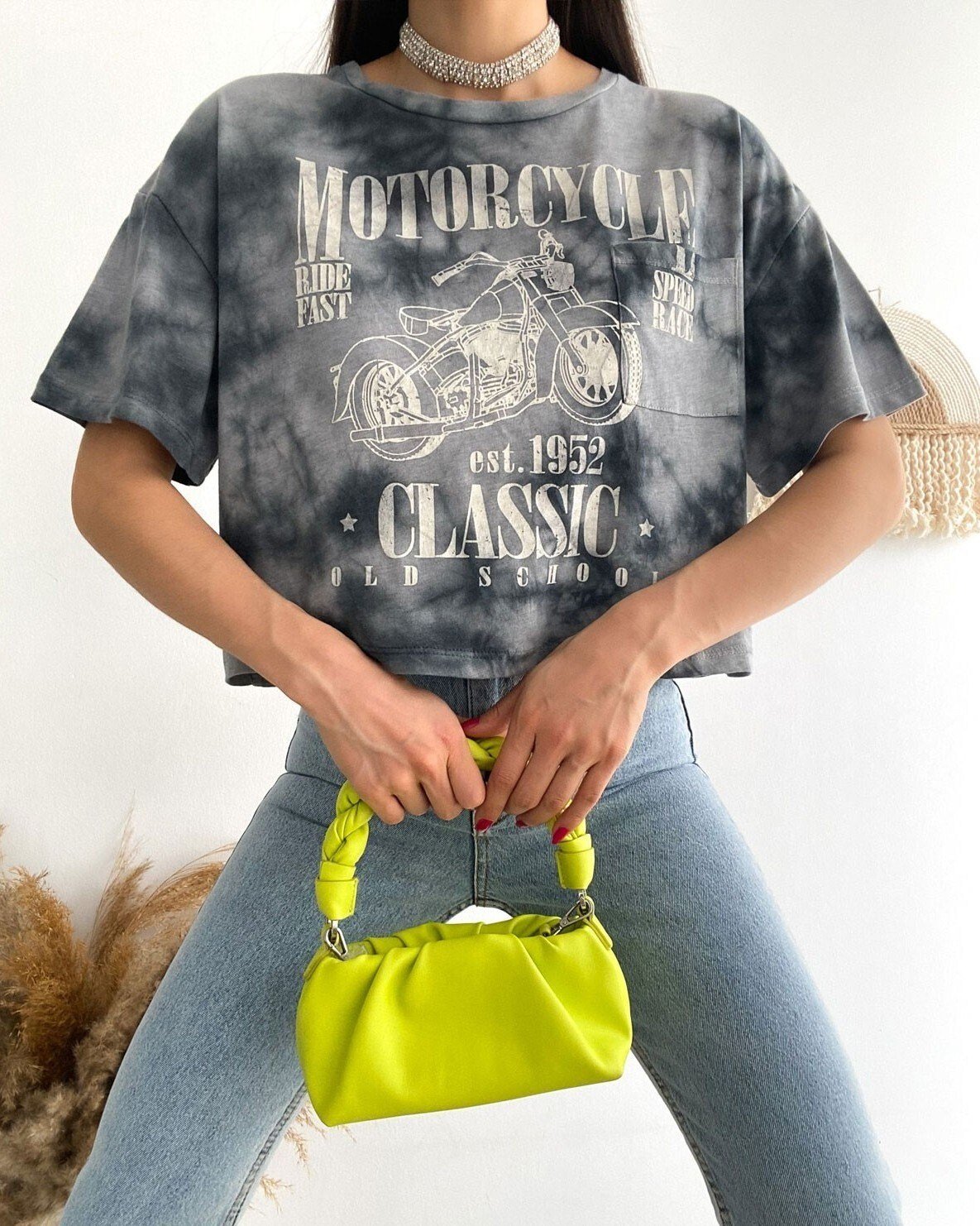 Motosiklet Baskılı Yıkamalı Crop Tişort -Gri