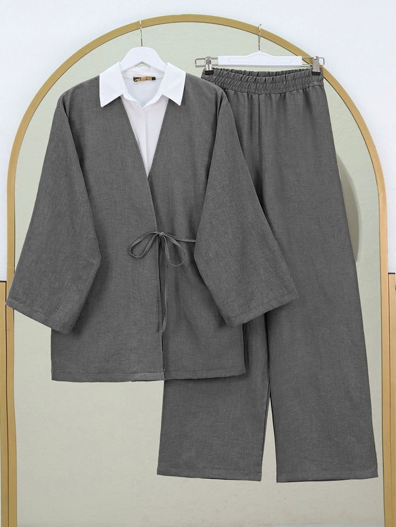 Önden Bağlamalı Pantolonlu Kimono Takım         -Antrasit